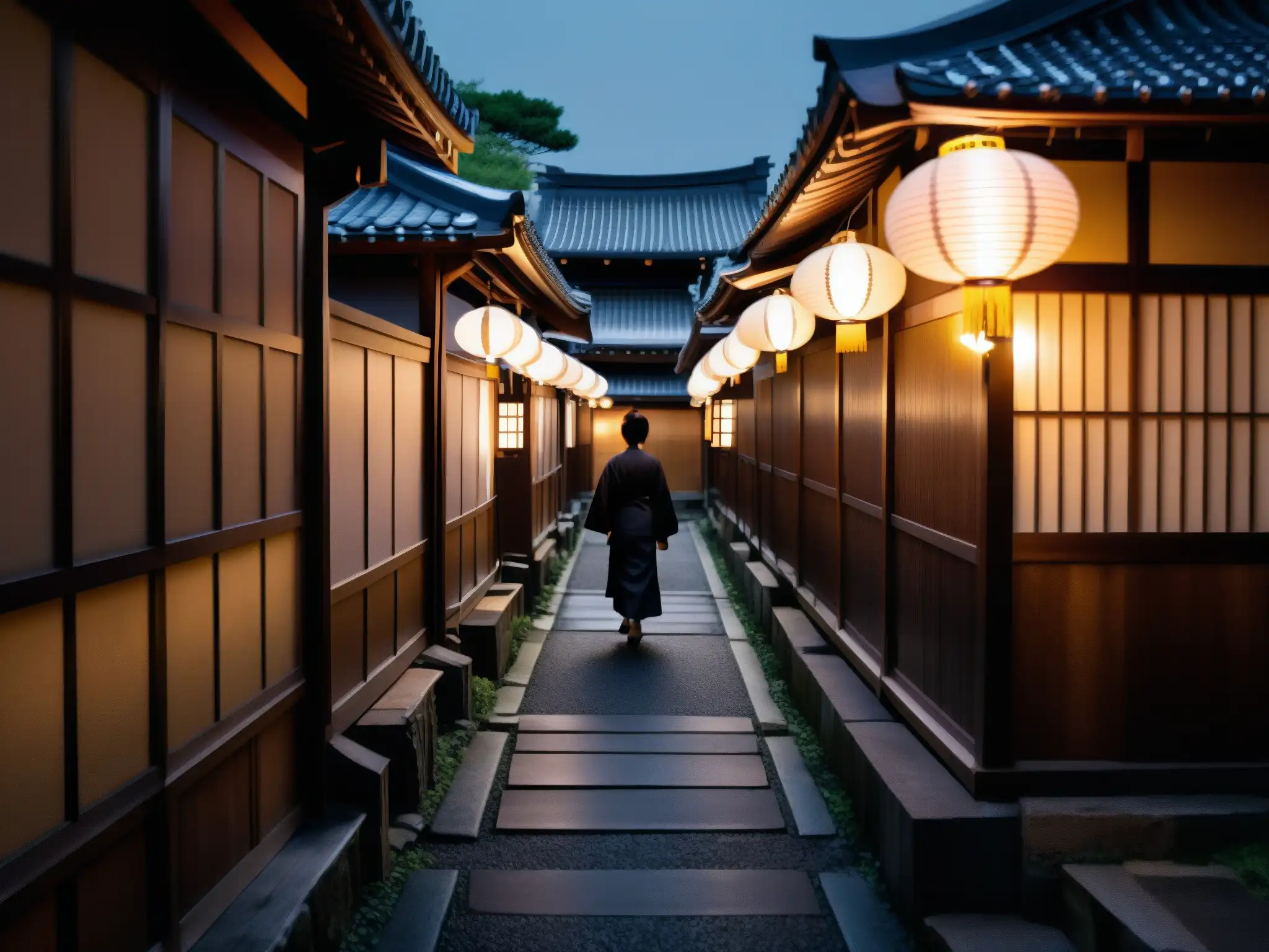Un callejón japonés tradicional iluminado por faroles de papel