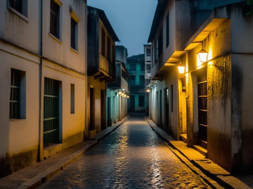 Un callejón misterioso en Abiyán, Costa de Marfil, evocando mitos y leyendas urbanas