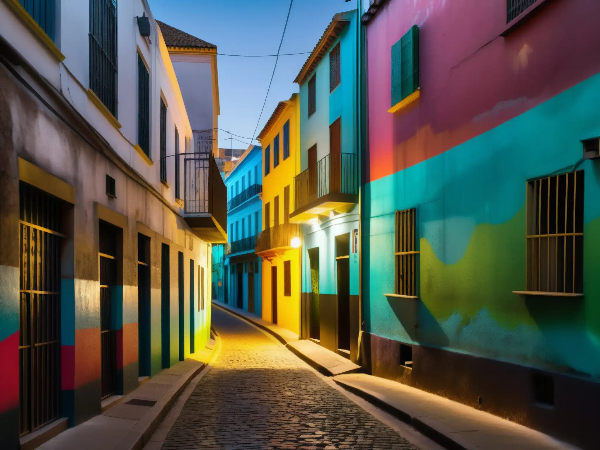 Un callejón misterioso y colorido en una ciudad de América del Sur, con arte callejero y una atmósfera de mitos y leyendas urbanas