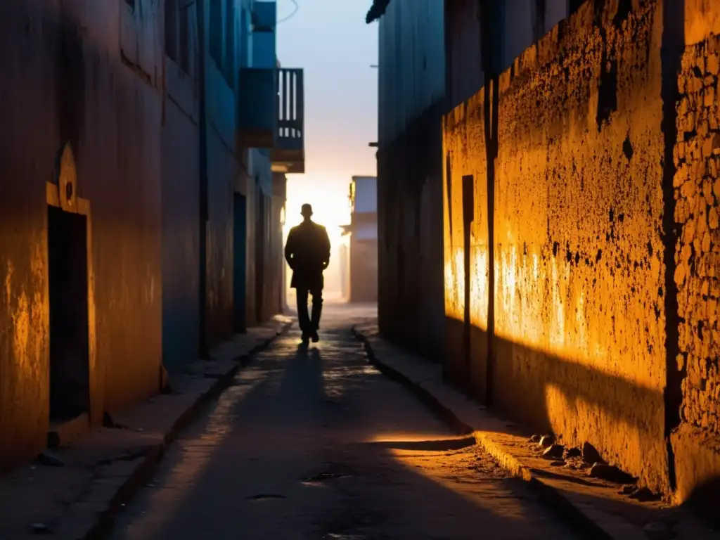 Un callejón misterioso en Conakry, Guinea, con sombras alargadas y una figura en silueta, creando un ambiente de leyendas urbanas en Guinea