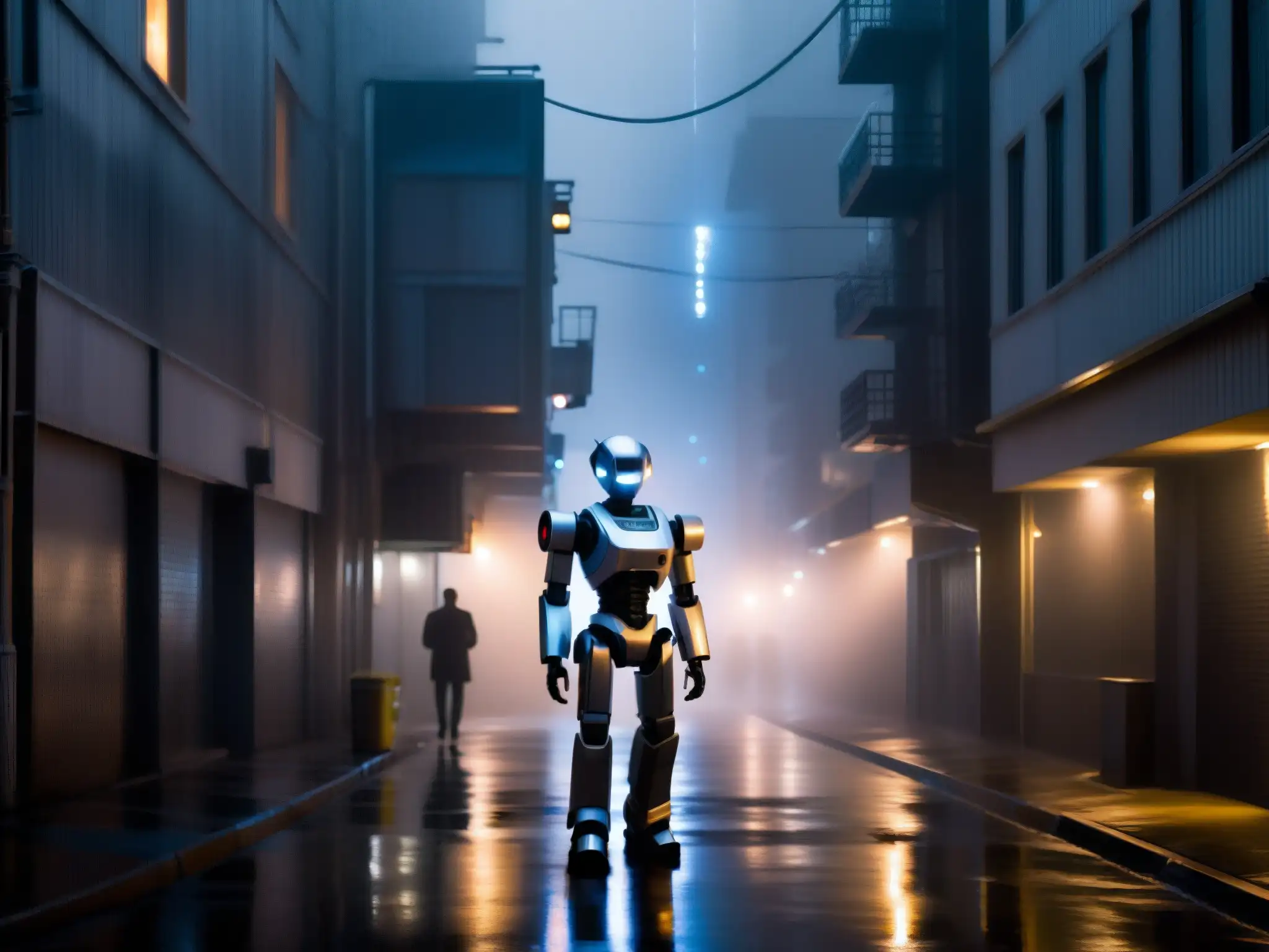Un callejón misterioso y futurista con un robot metálico entre la neblina, evocando leyendas urbanas inteligencia artificial