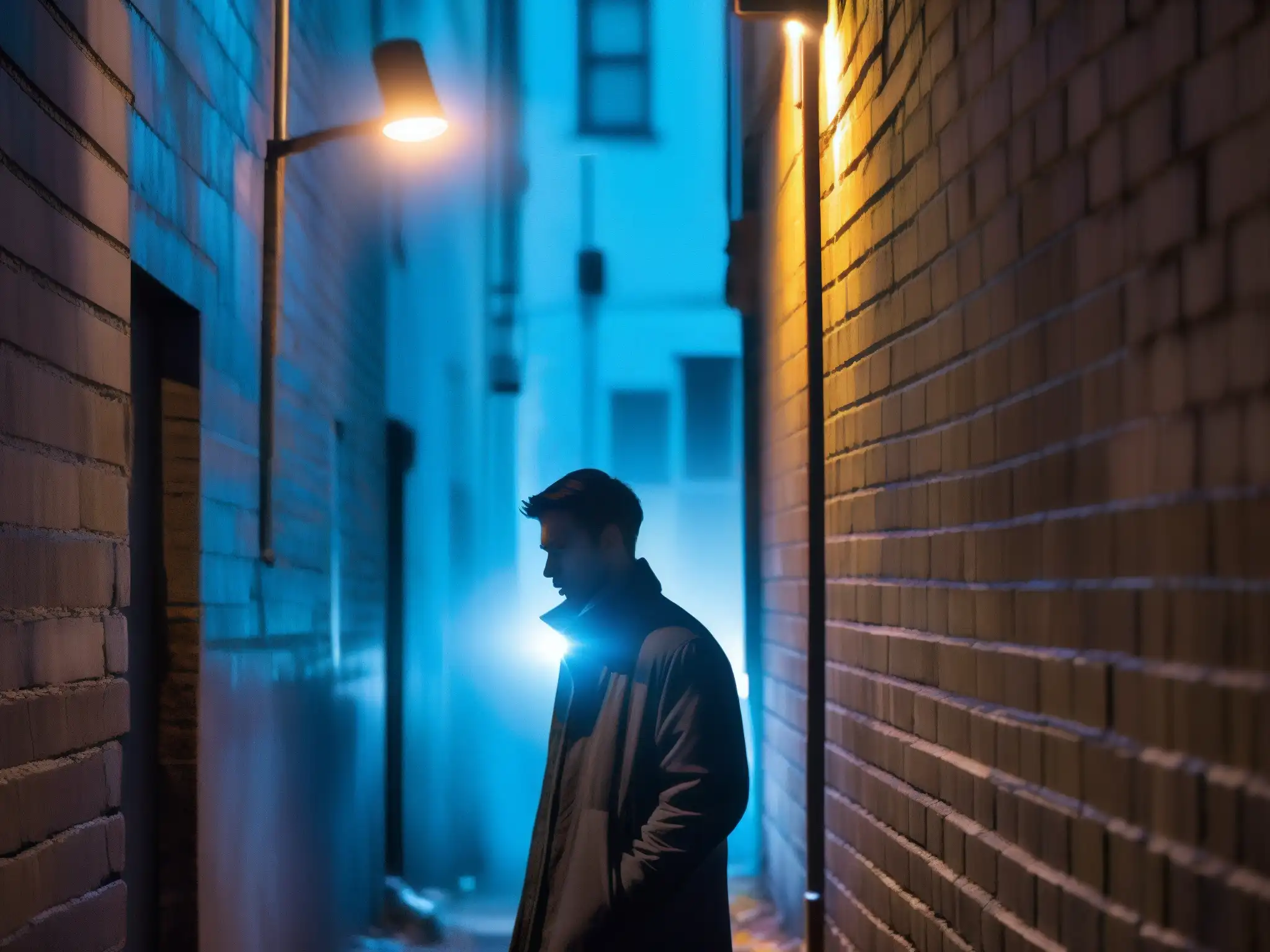 Un callejón misterioso iluminado por luz azul de un smartphone, evocando leyendas urbanas redes WiFi Bluetooth