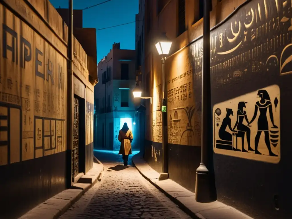 Un callejón misterioso con jeroglíficos egipcios ocultos en grafitis