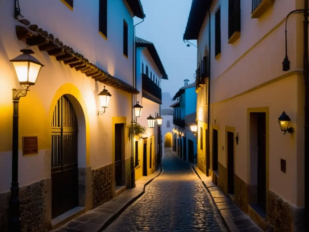 Un callejón misterioso de la Judería de Córdoba, con viejas edificaciones de piedra y faroles titilantes