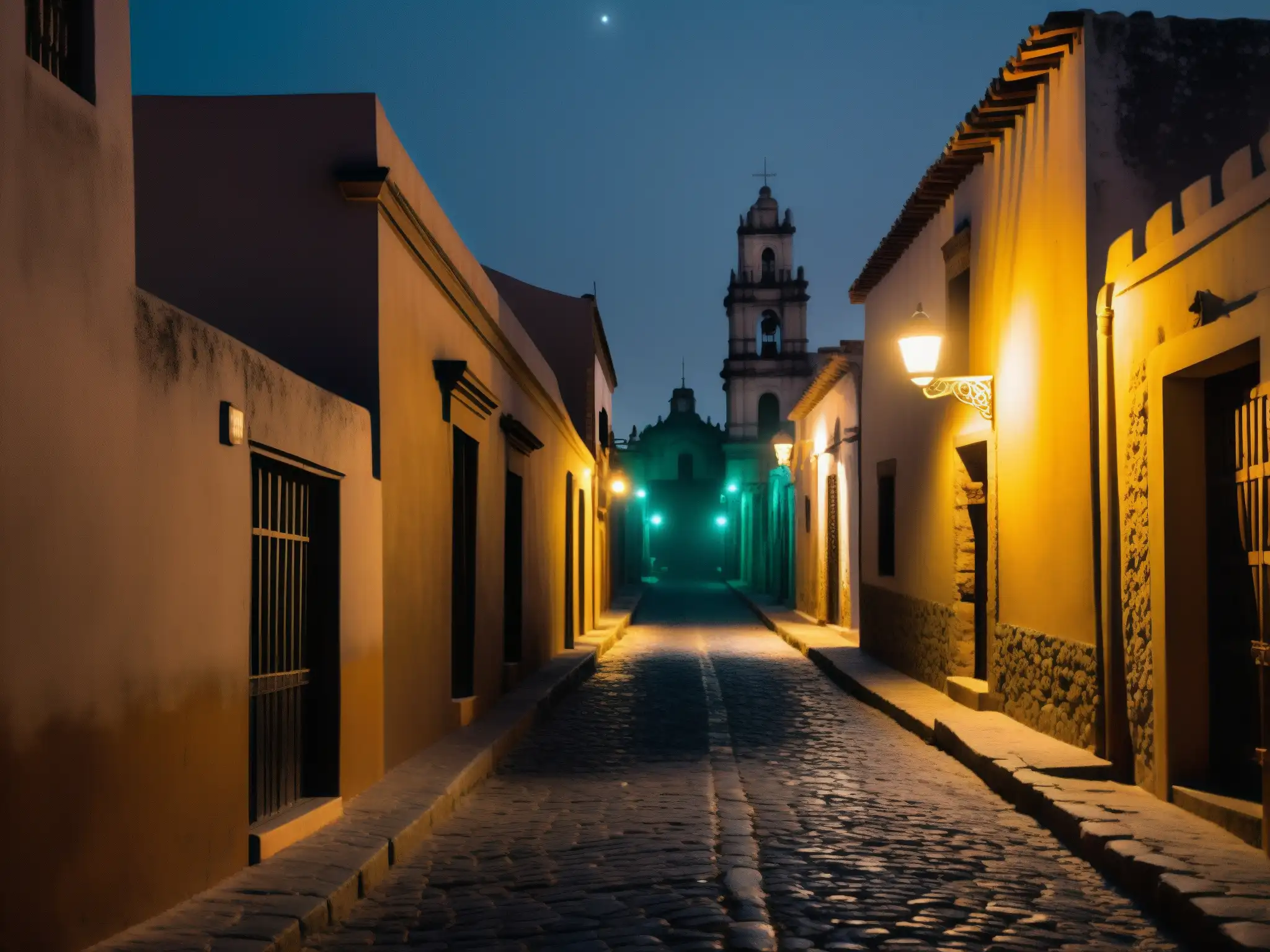 Un callejón misterioso en México de noche, iluminado por luces tenues