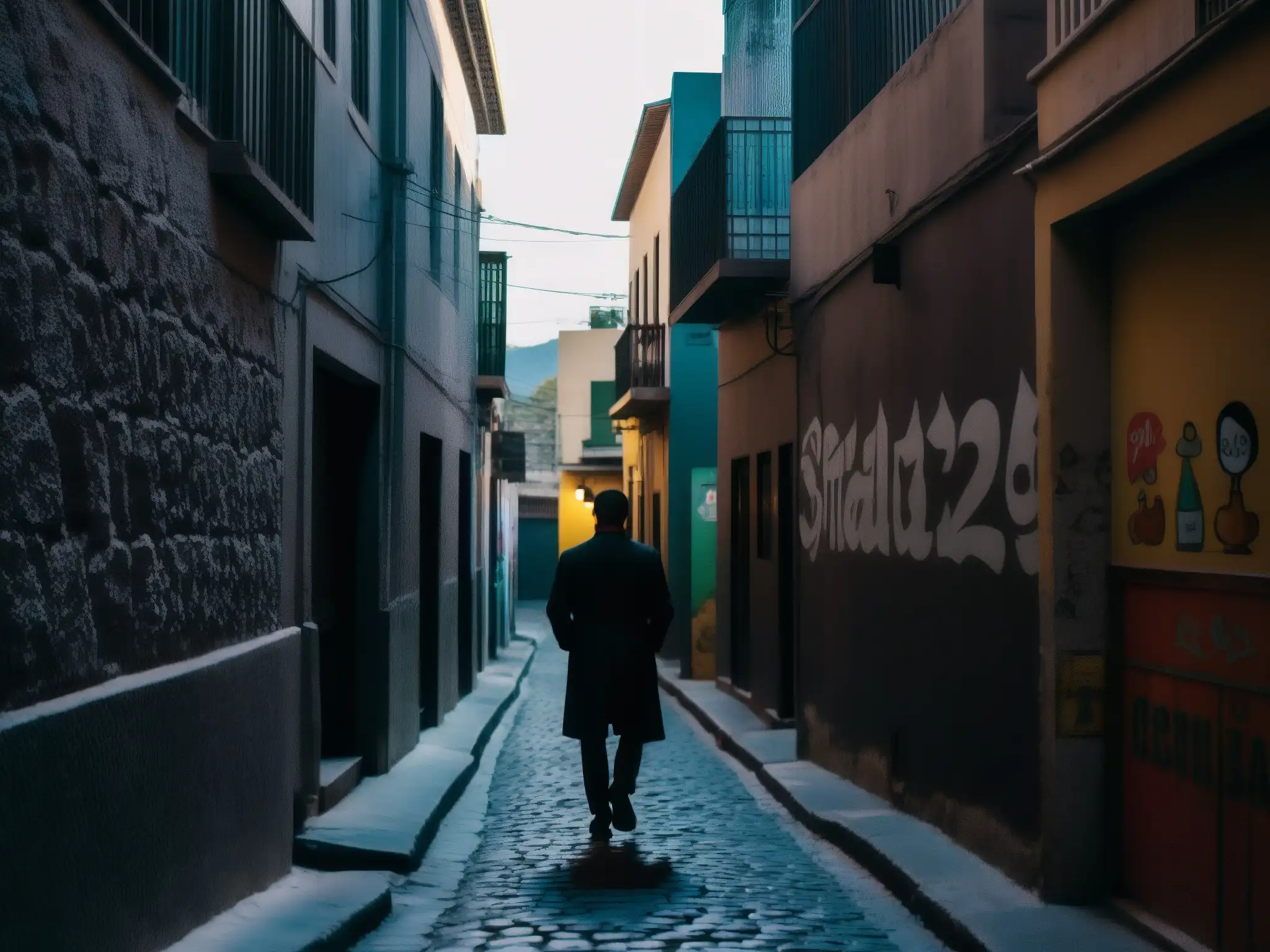 Un callejón misterioso de Monterrey, México, con un solitario caminante en la penumbra
