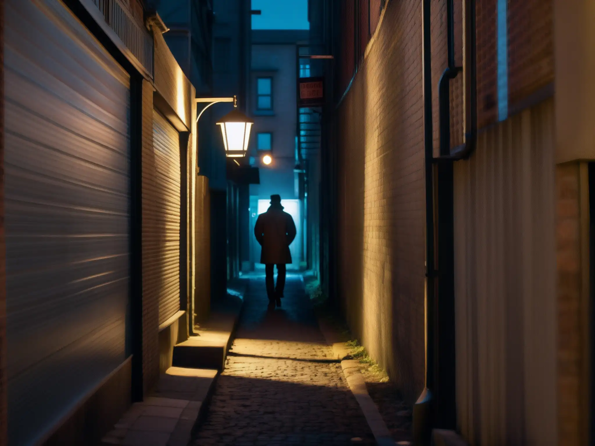 Un callejón misterioso y tenebroso de noche, con una figura en la distancia, creando un ambiente escalofriante