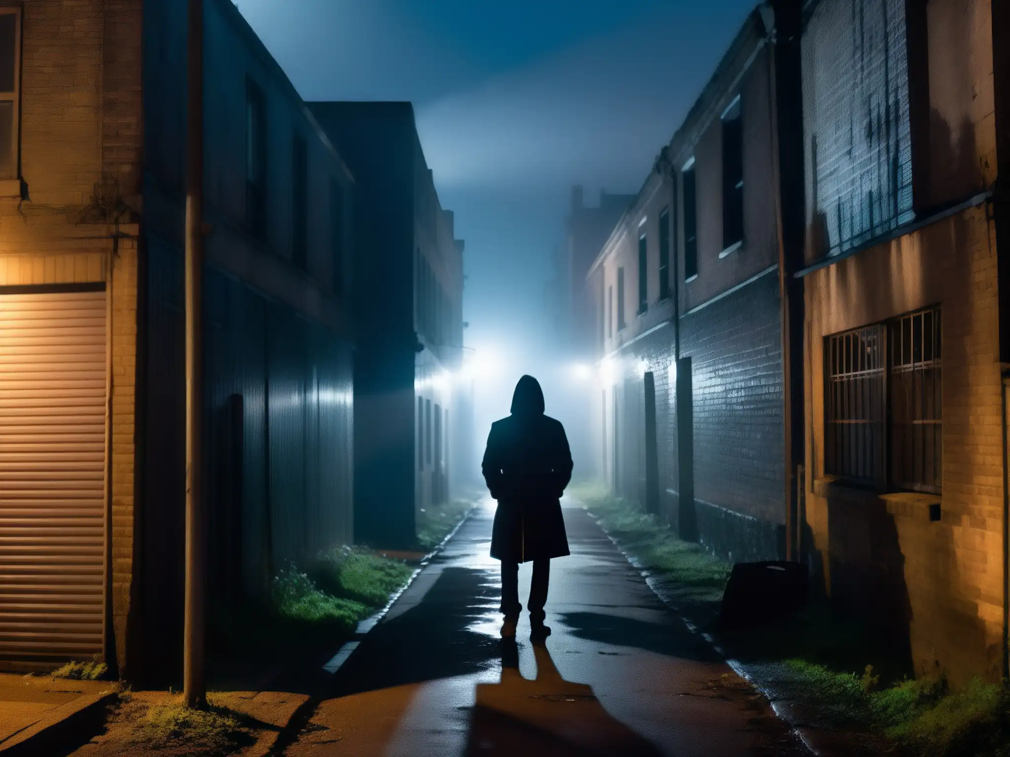 Un callejón neblinoso y tenue de noche, con la silueta de una figura rodeada de leyendas urbanas