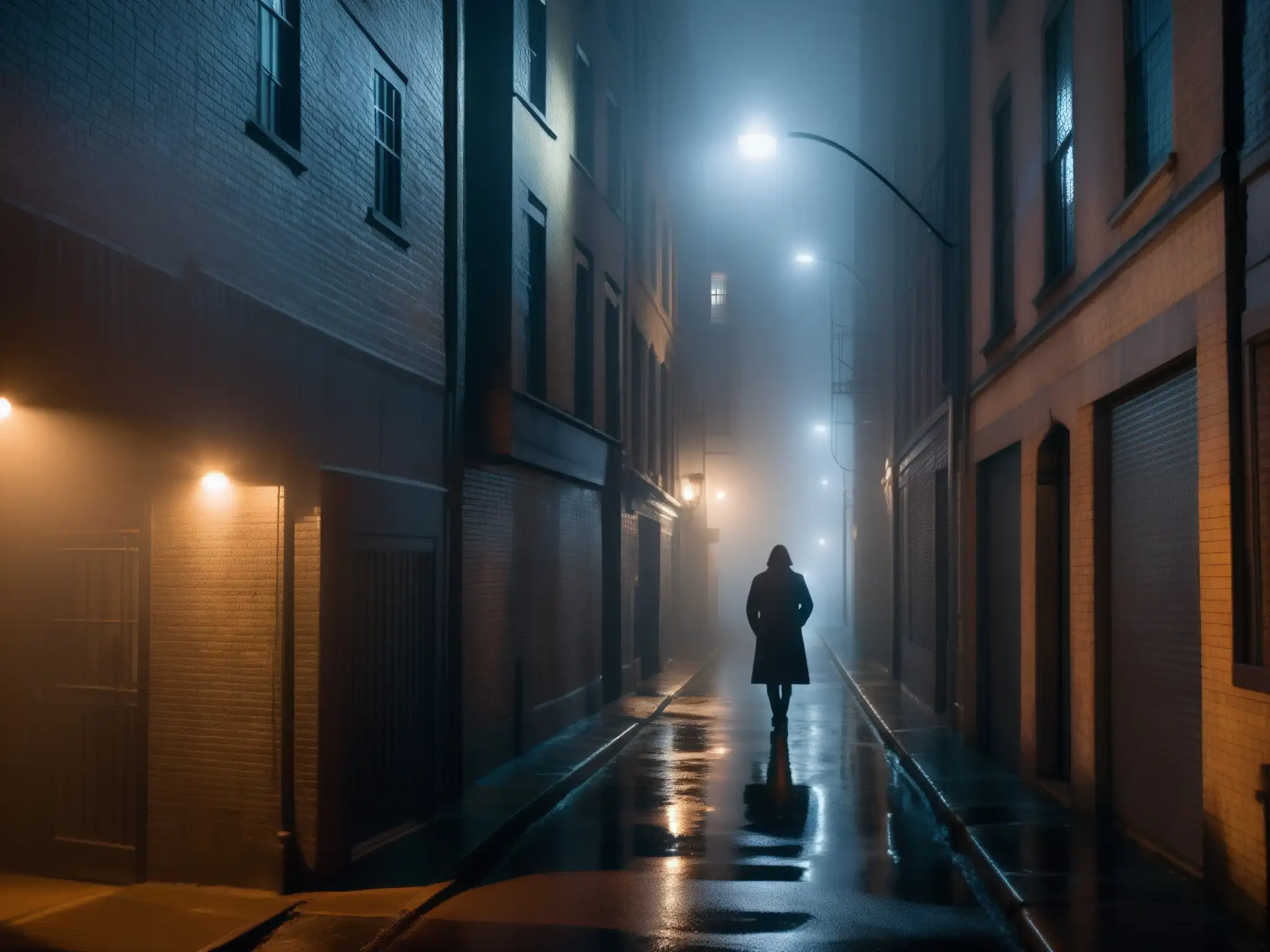 Un callejón nocturno envuelto en niebla, con luces tenues que crean un ambiente de misterio y suspense