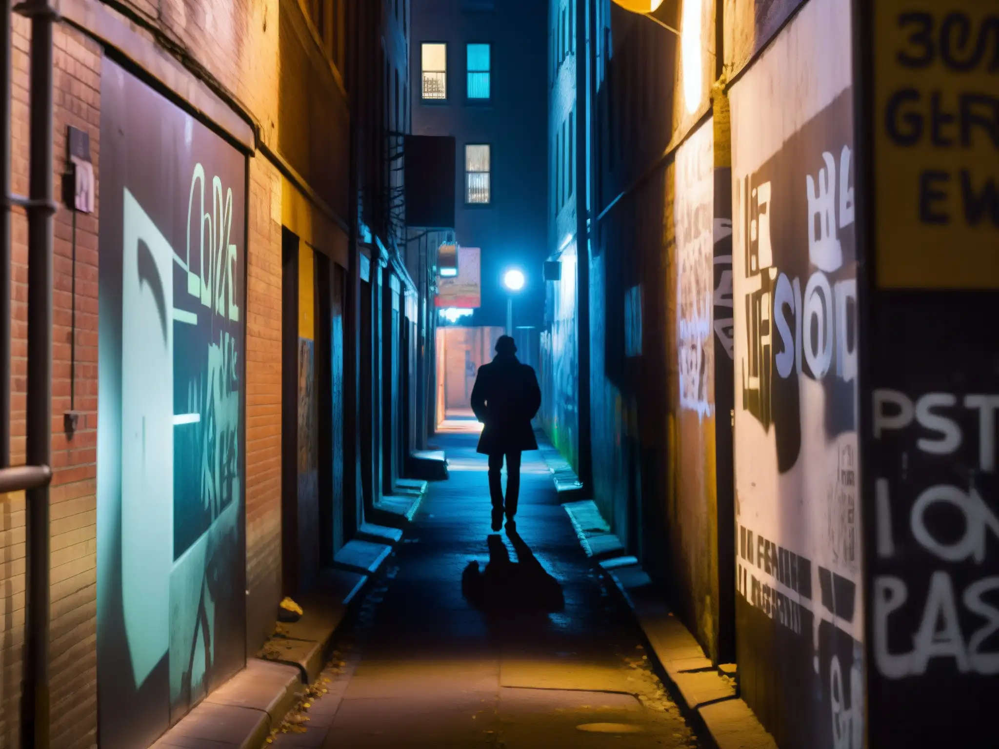 Un callejón nocturno con una figura solitaria caminando hacia la cámara, evocando leyendas urbanas y miedo inconsciente