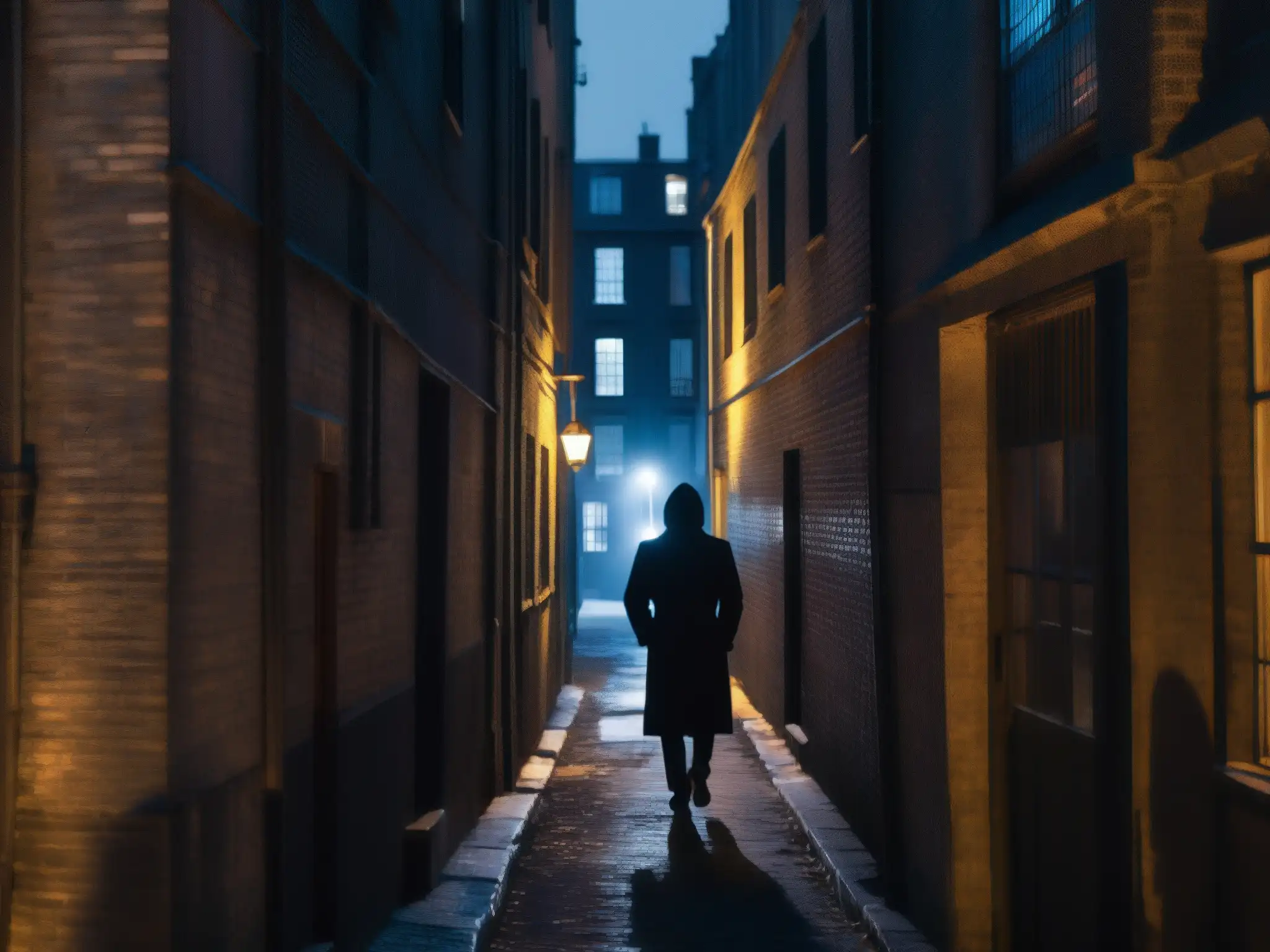 Un callejón nocturno sombrío en la ciudad con una figura misteriosa