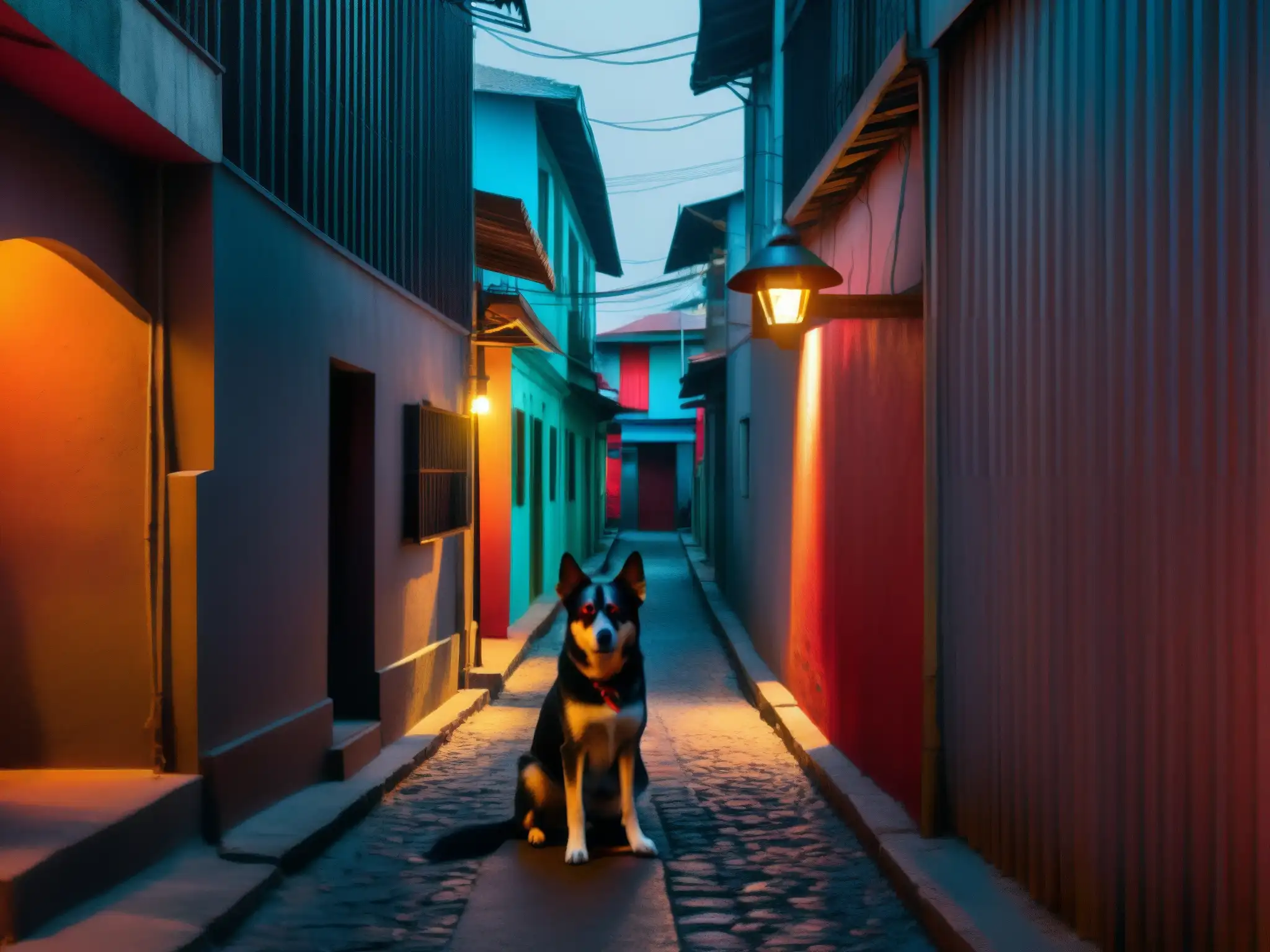 Un callejón oscuro en una ciudad de América Central, iluminado por una solitaria farola
