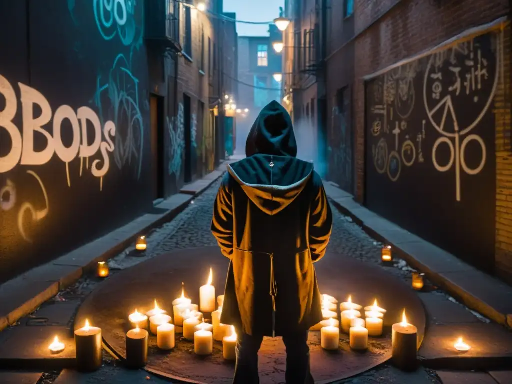 Un callejón oscuro en la ciudad, con grafitis y luces titilantes