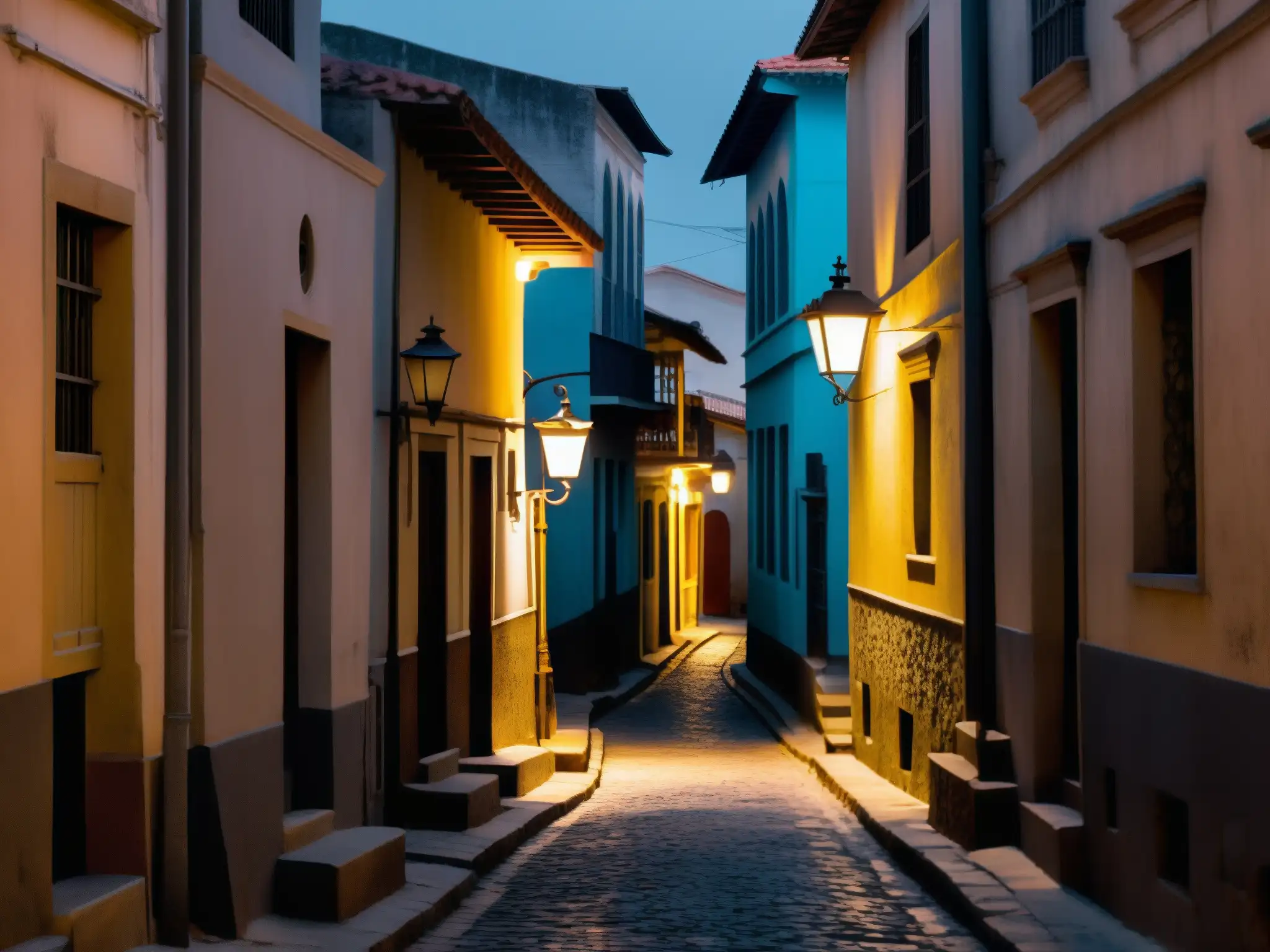 Un callejón oscuro en una ciudad de Centroamérica, iluminado por la tenue luz de una farola