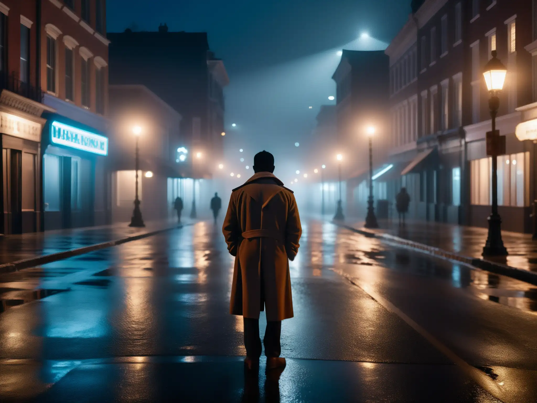 Un callejón oscuro de la ciudad de noche, con una figura sombría y niebla inquietante alrededor de las farolas