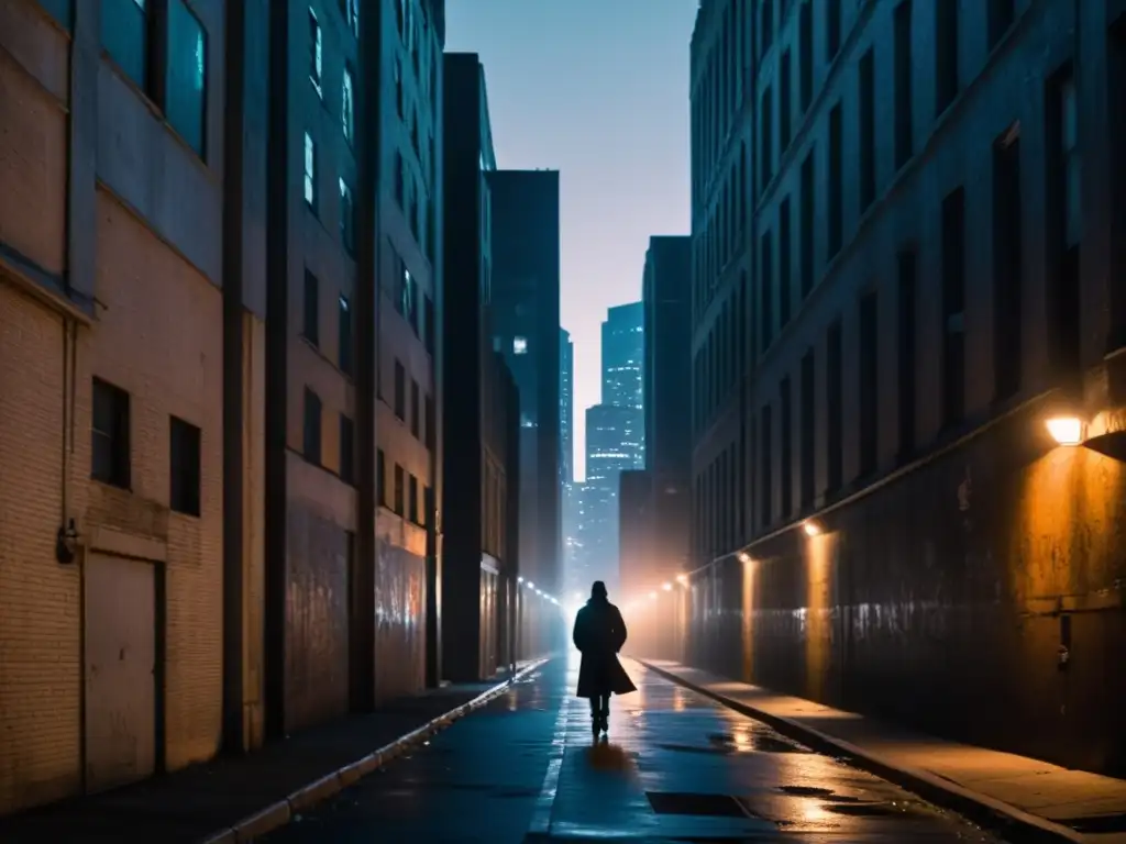 Un callejón oscuro de la ciudad de noche, con una figura solitaria caminando entre las sombras misteriosas