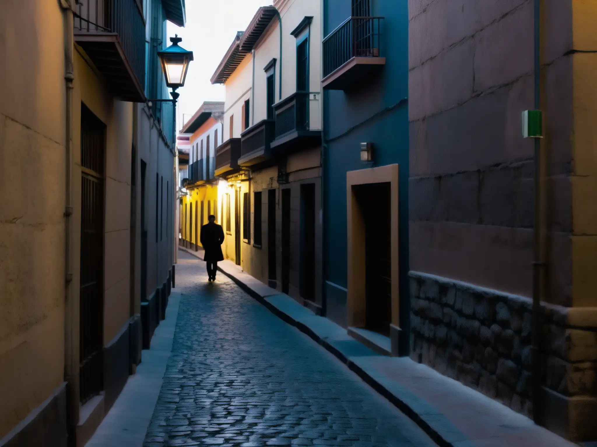 Un callejón oscuro en Guadalajara, México, con edificios antiguos y sombríos
