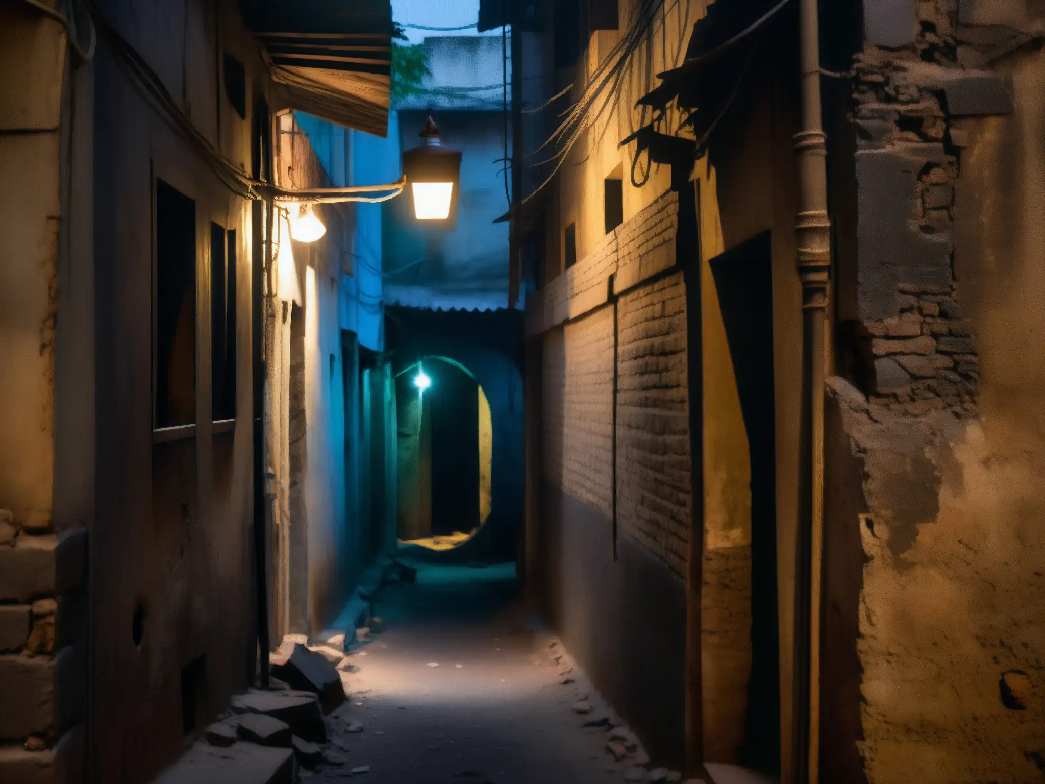 Un callejón oscuro y estrecho en Delhi, India, con luces de calle que proyectan sombras inquietantes