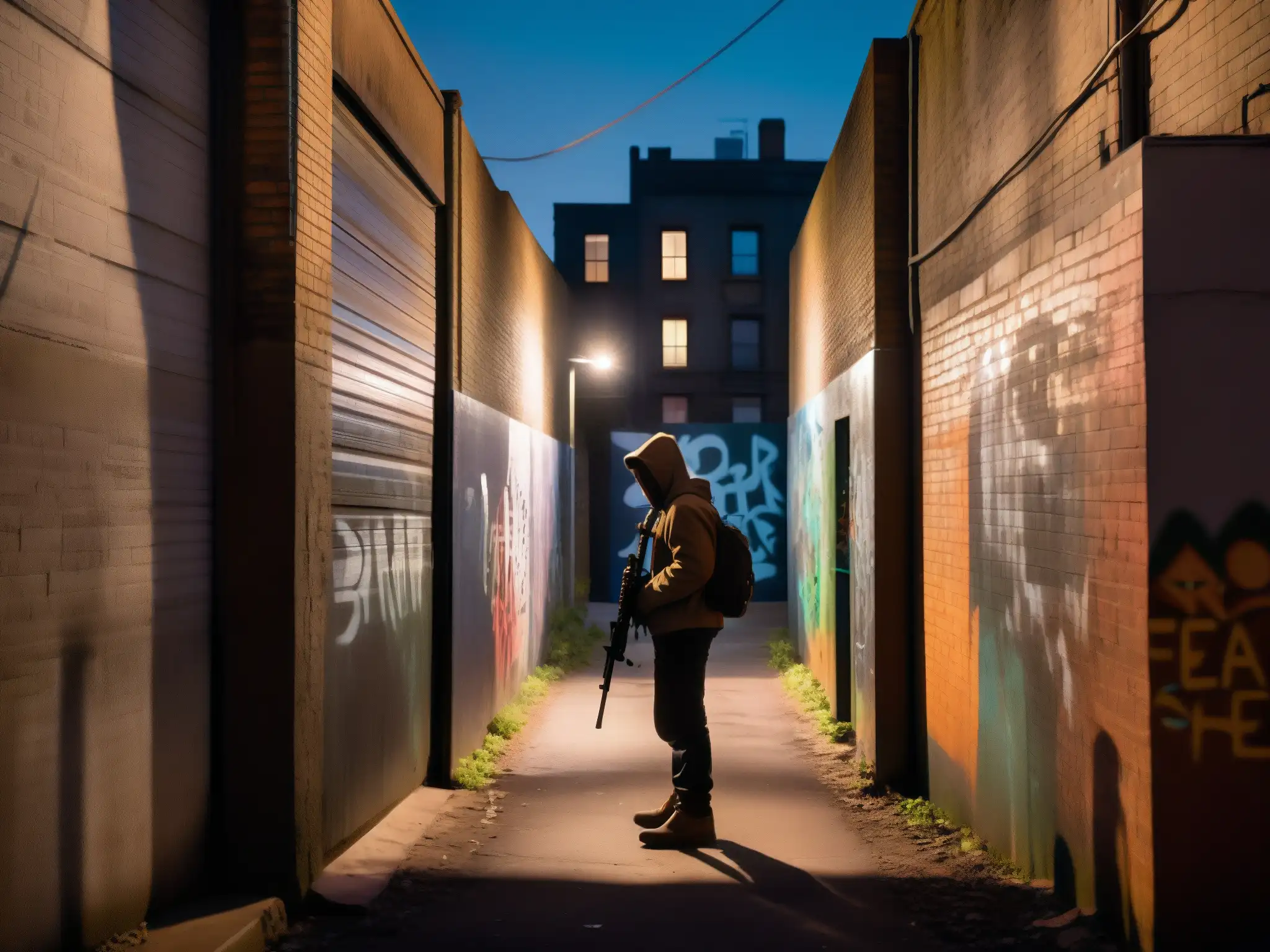 En un callejón oscuro, una figura se agacha con un arma, reflejando el miedo de los mitos urbanos violentos