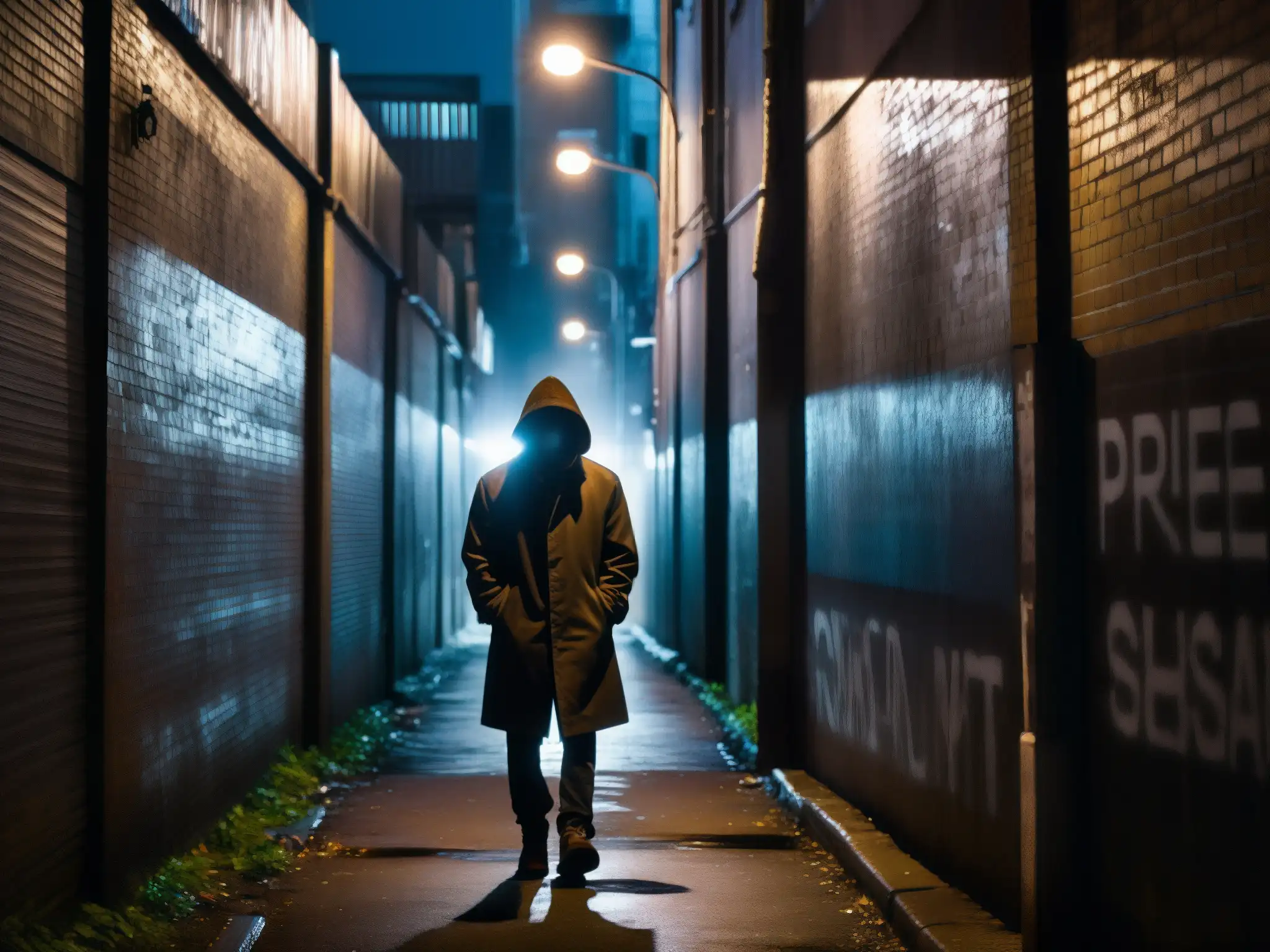 En un callejón oscuro, una figura solitaria se oculta en las sombras, rodeada de graffiti y luces parpadeantes, creando un ambiente misterioso