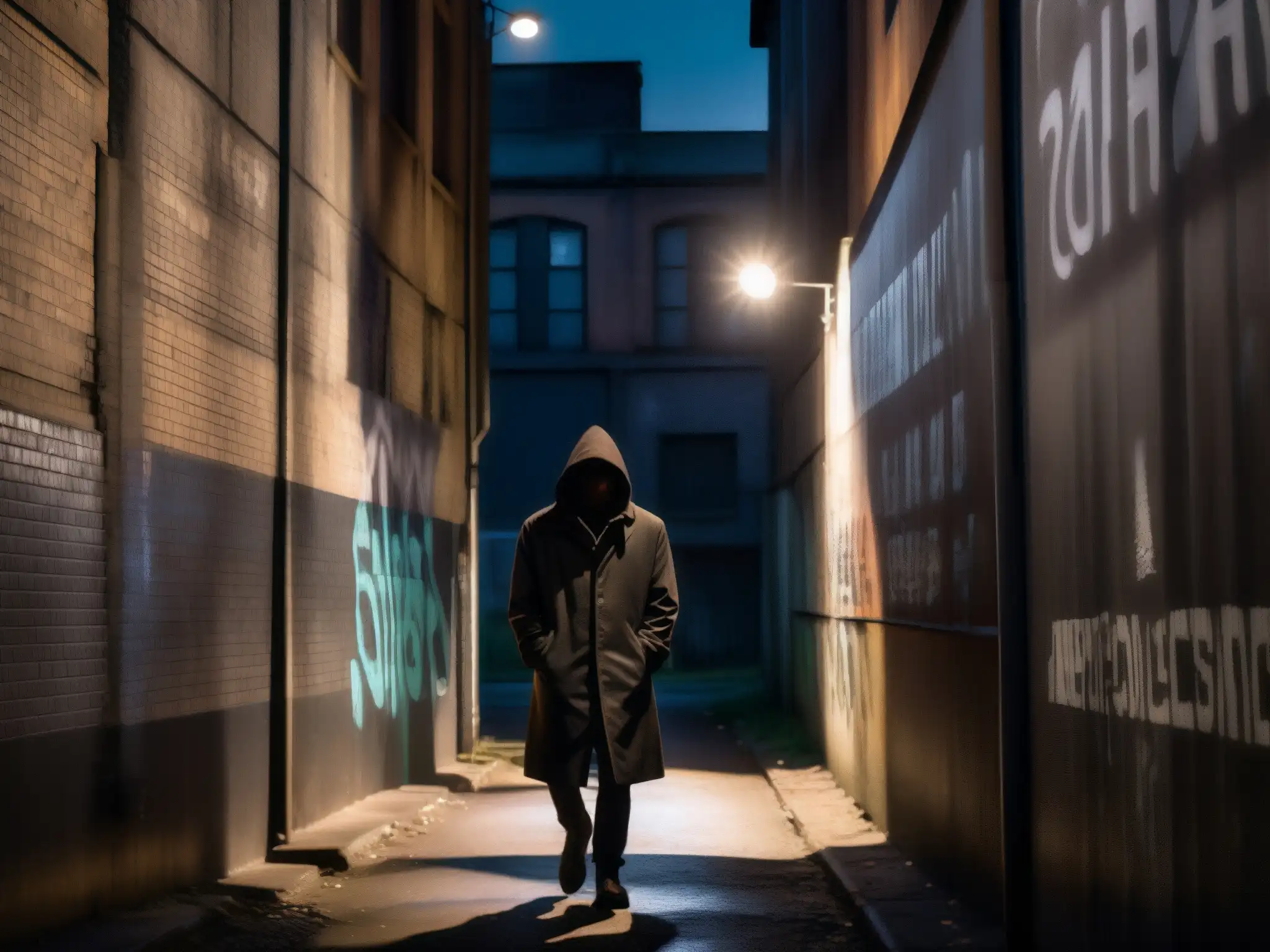 Un callejón oscuro con grafitis, luces parpadeantes y una figura misteriosa, reflejando fobias sociales y leyendas urbanas
