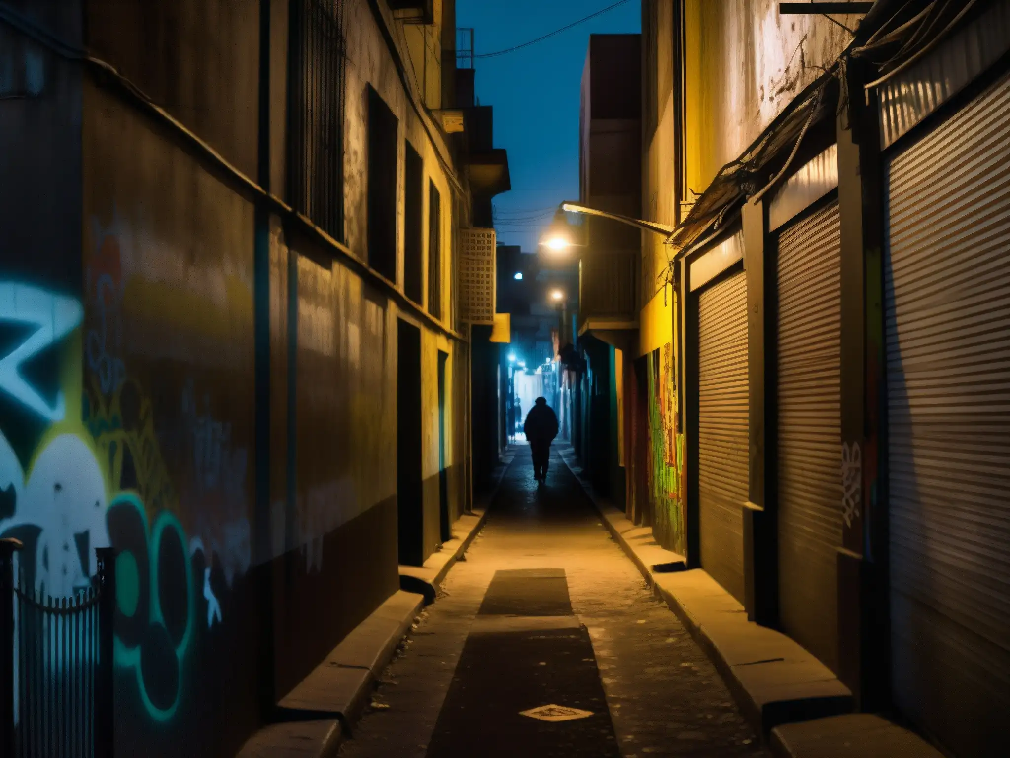 Un callejón oscuro y misterioso en una bulliciosa ciudad latinoamericana, con figuras en las sombras