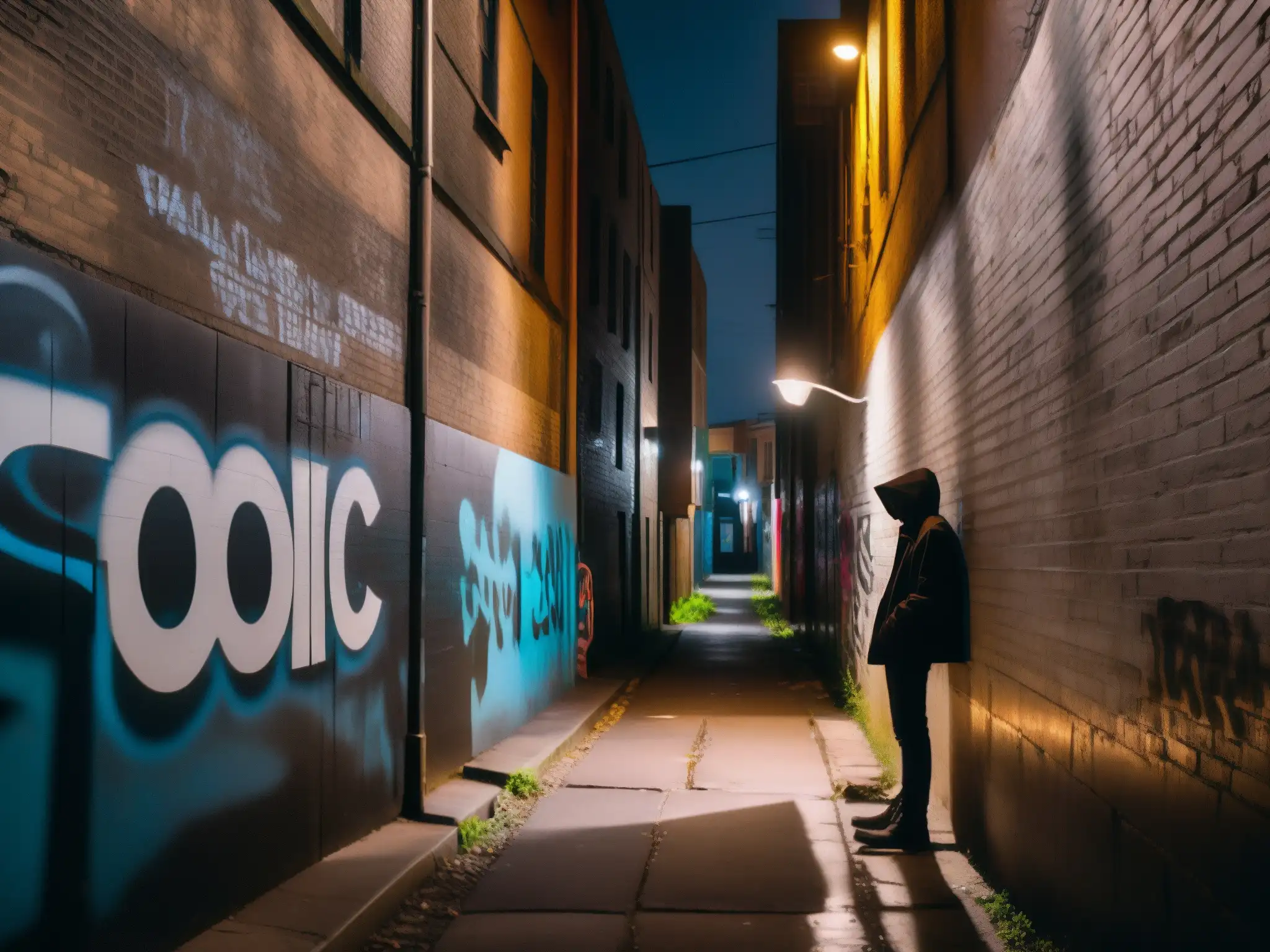 Un callejón oscuro y misterioso iluminado por una lámpara, con graffiti perturbador que refleja 'relaciones tóxicas leyendas urbanas'