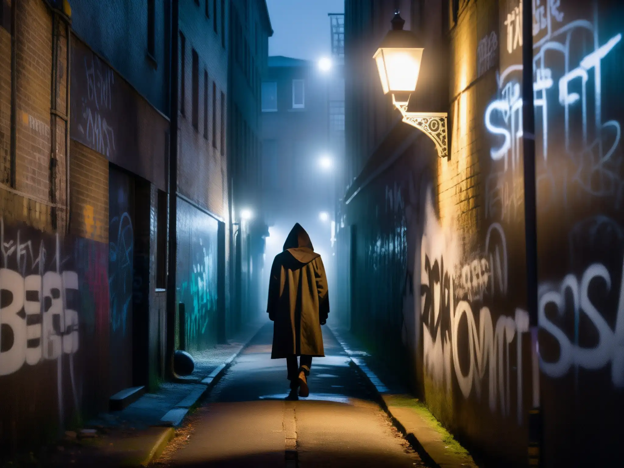 Un callejón oscuro y misterioso de noche, con grafitis inquietantes y una figura en la distancia, evocando fascinación por lo macabro