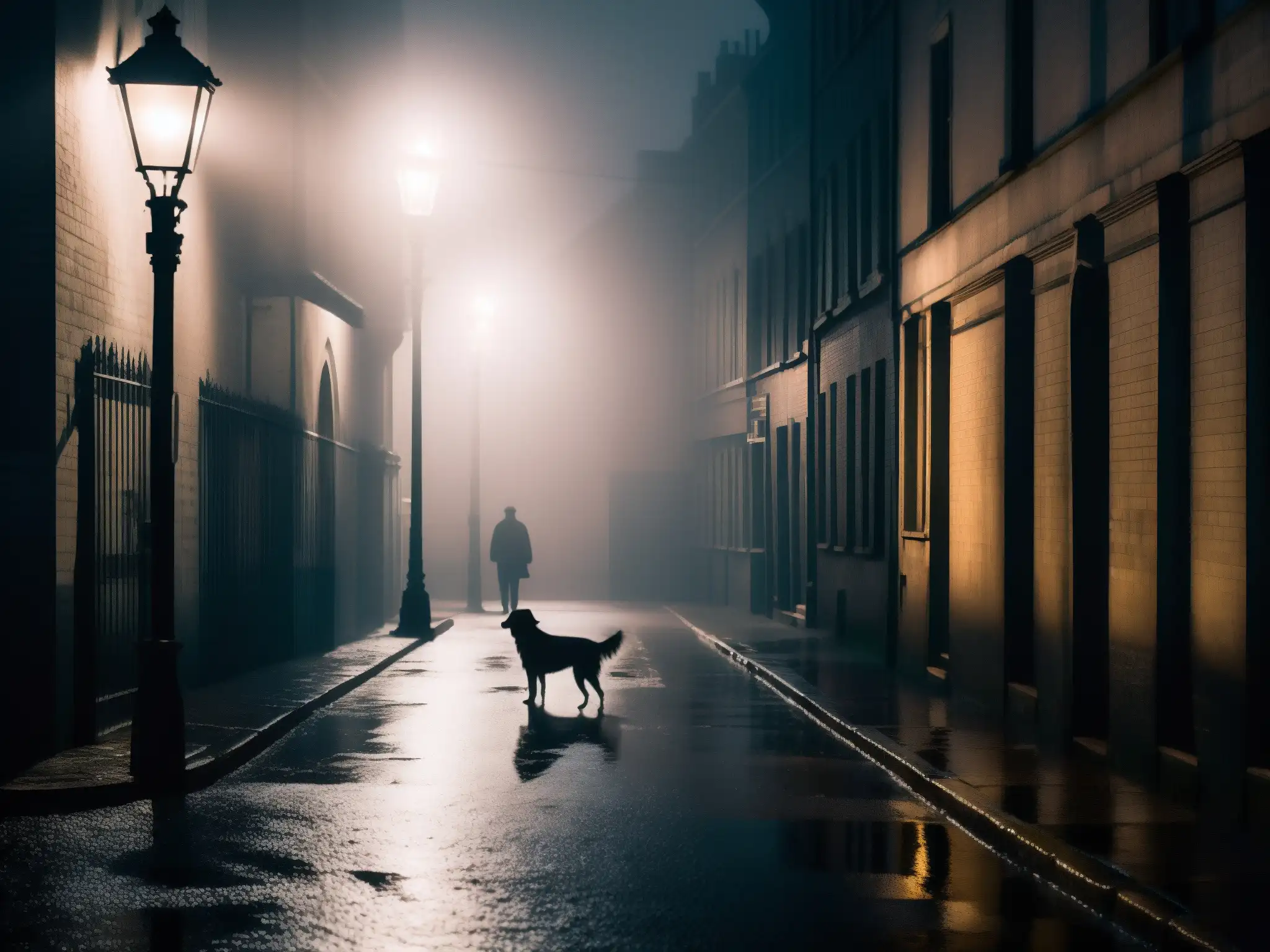 En un callejón oscuro y neblinoso, una figura sombría camina en sus patas traseras, evocando la leyenda urbana del Jinmenken