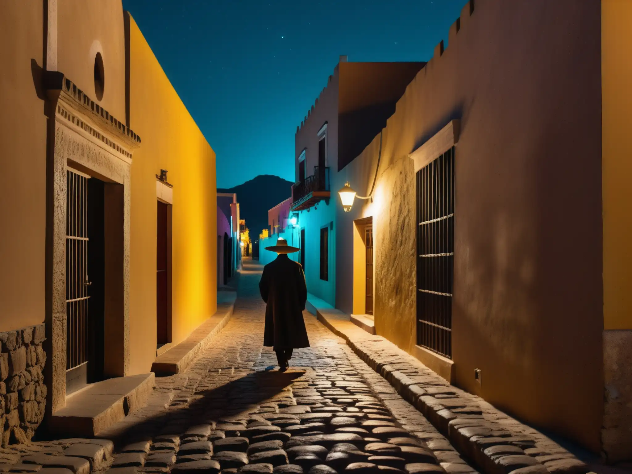Un callejón oscuro en México de noche, con El Cadejo protegiendo a un viajero solitario