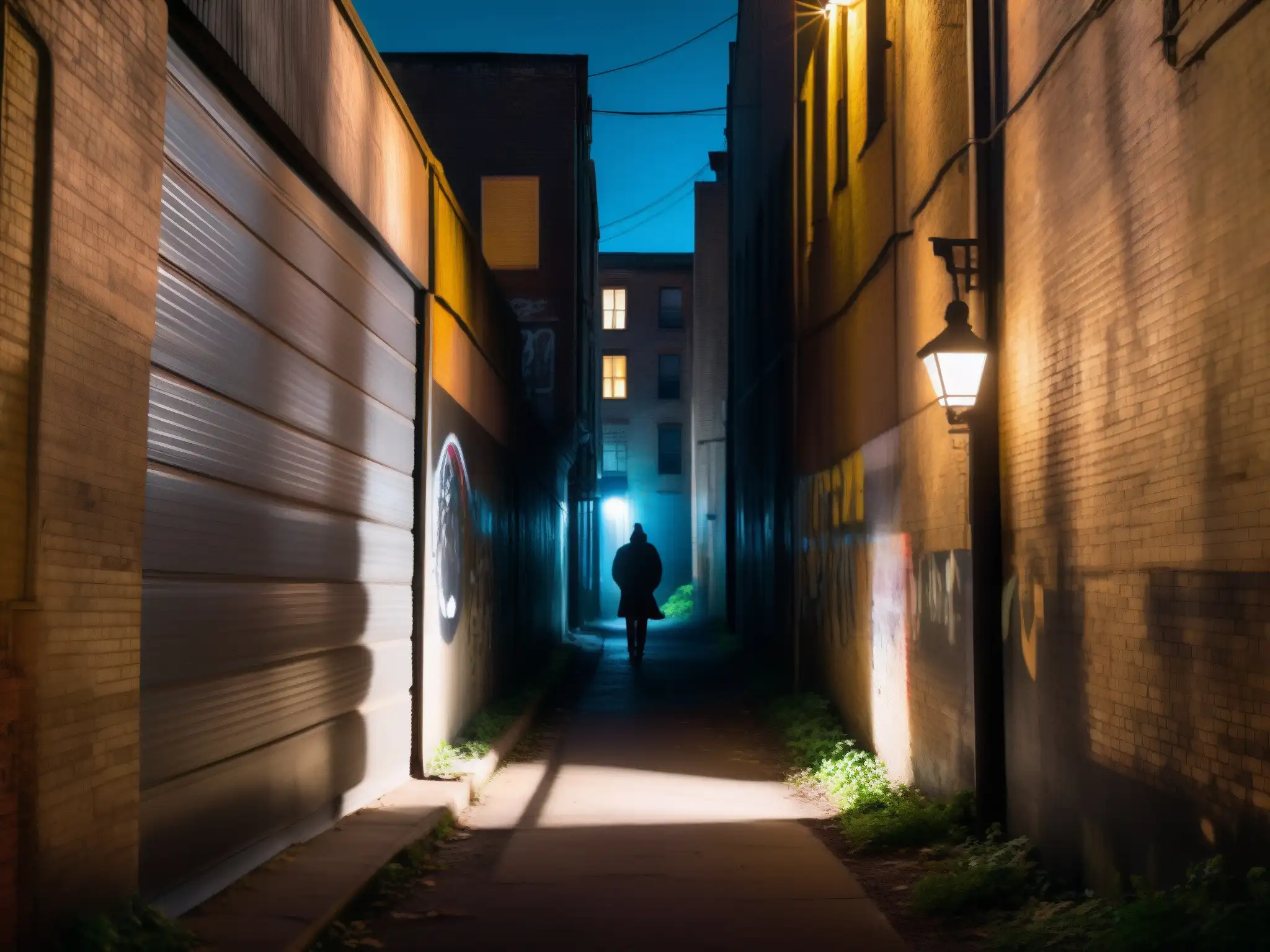Un callejón oscuro de noche con una figura sombría y graffiti, evocando misterio y la palabra clave 'Desmitificación de leyendas urbanas'