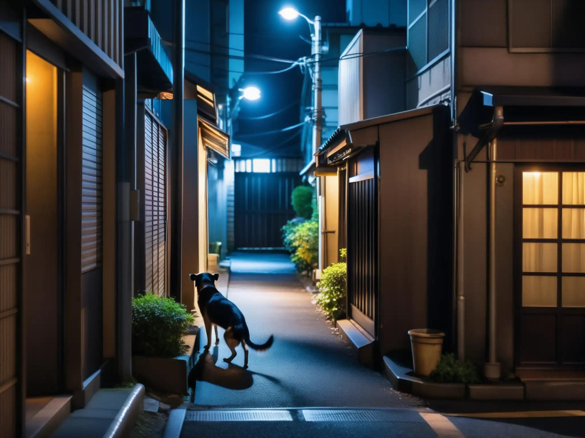 Un callejón oscuro en Tokio de noche, iluminado solo por la débil luz de las farolas