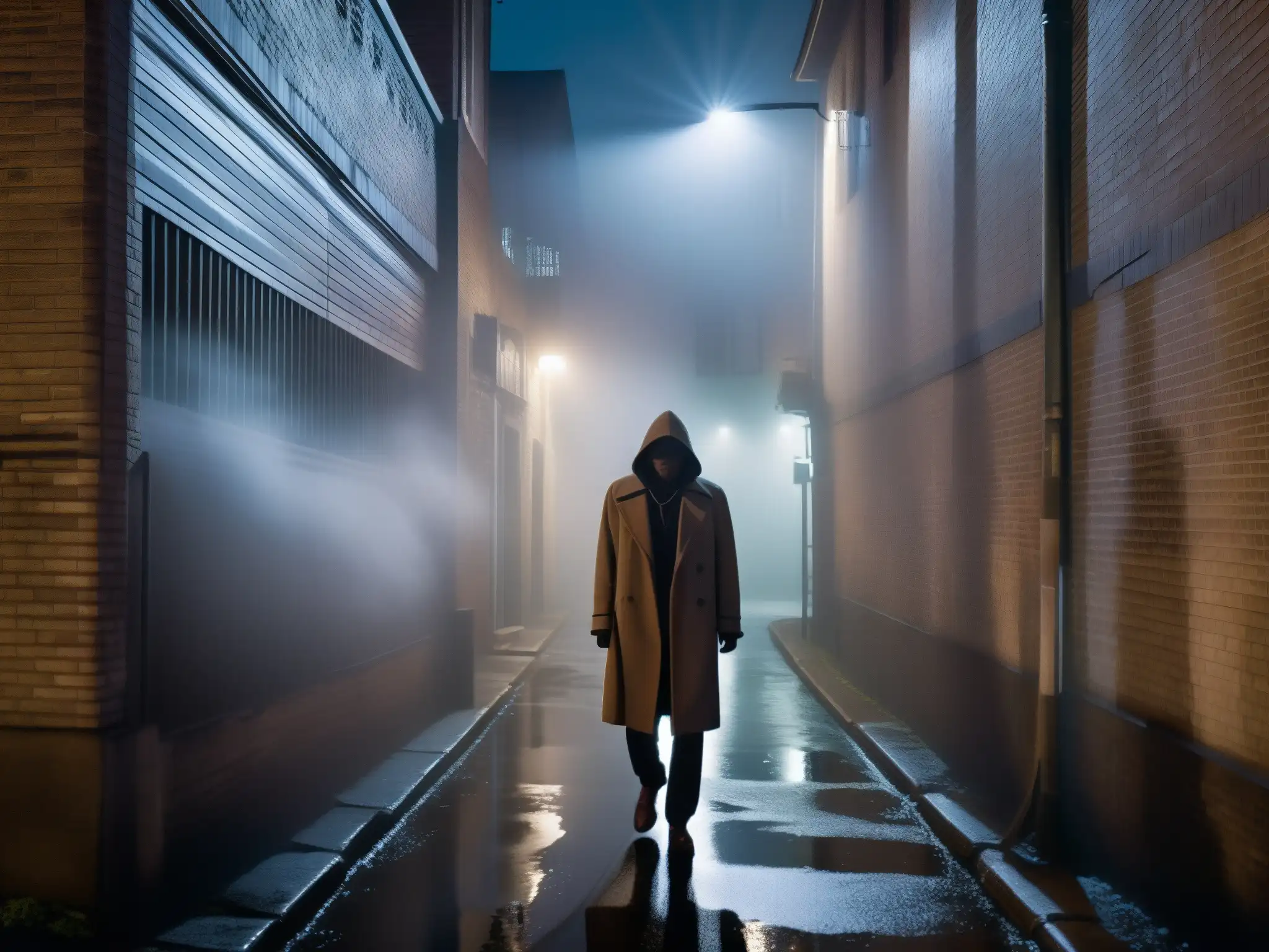 Un callejón oscuro de noche con niebla y una figura fantasmal, en un estudio sobre apariciones en leyendas urbanas