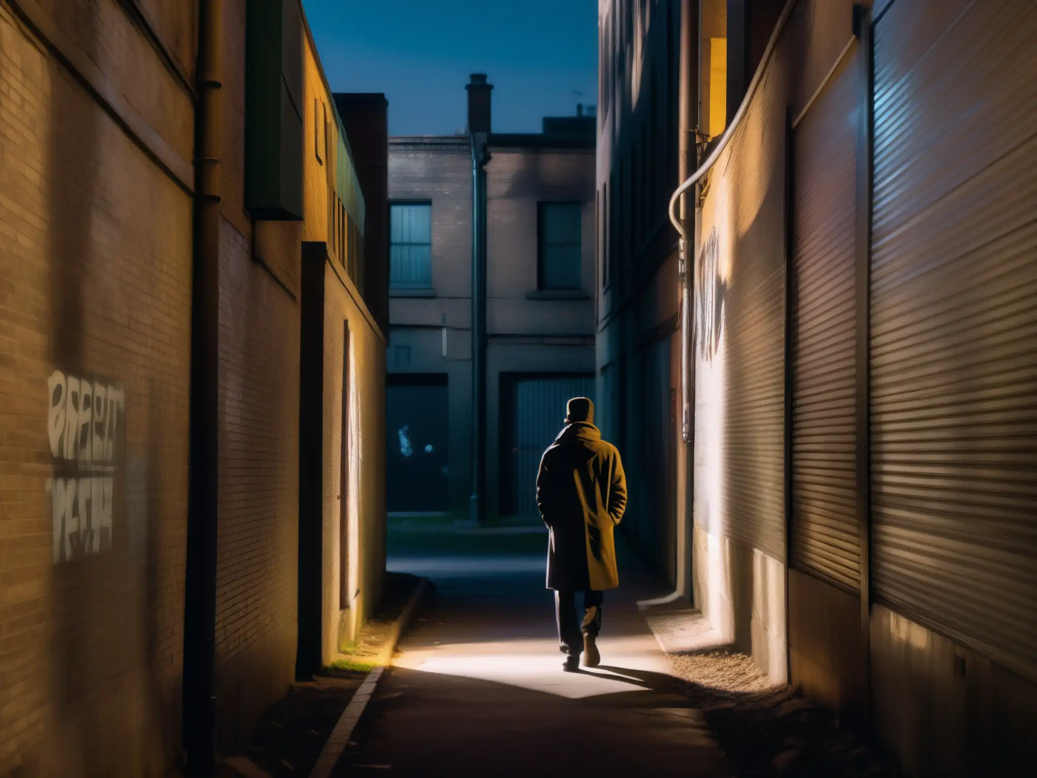 Un callejón oscuro de noche con paredes graffiteadas y una figura solitaria en las sombras, creando misterio y leyendas urbanas