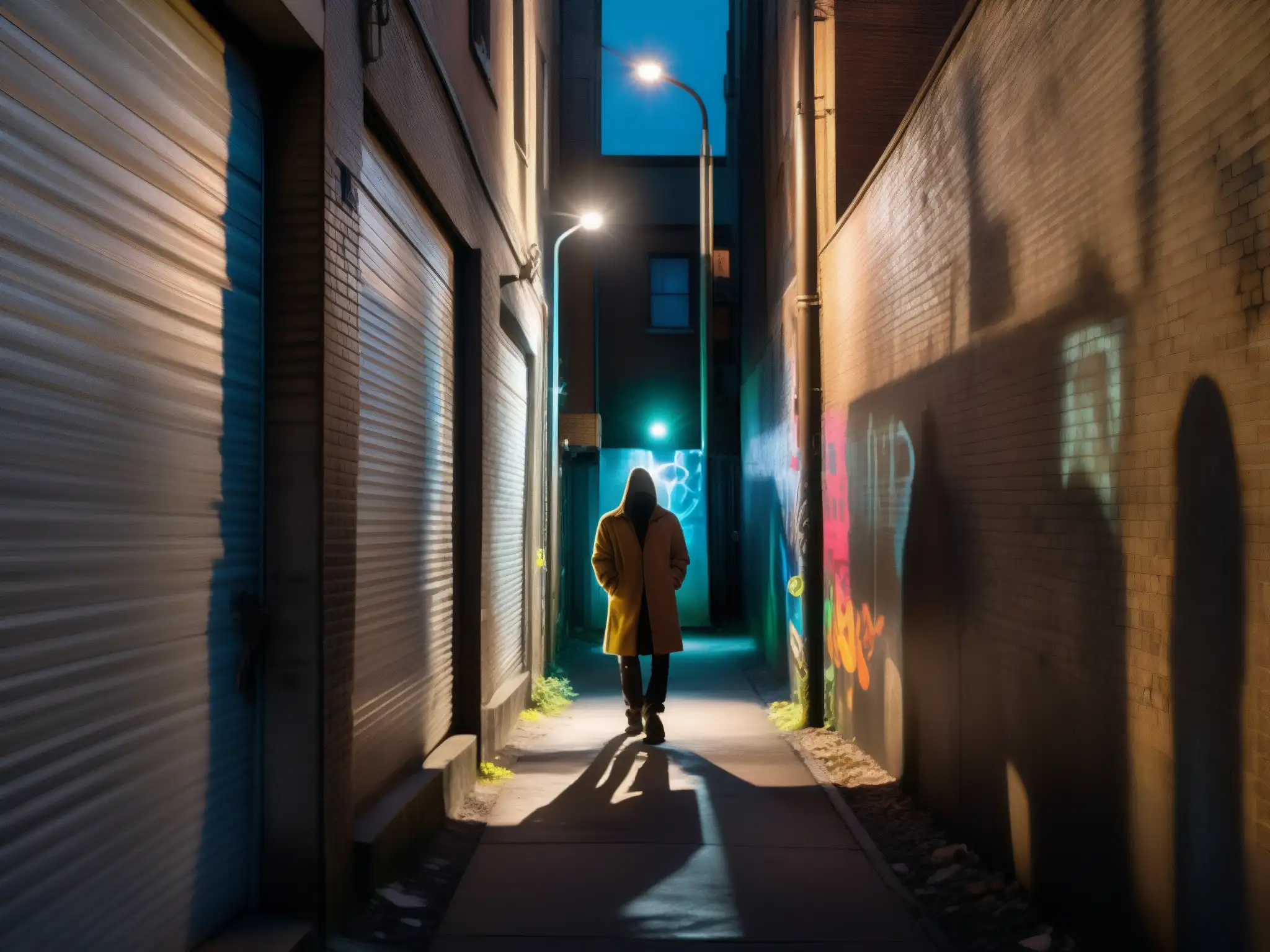 Un callejón oscuro con paredes graffiteadas donde las sombras juegan trucos, creando la ilusión de figuras fantasmales