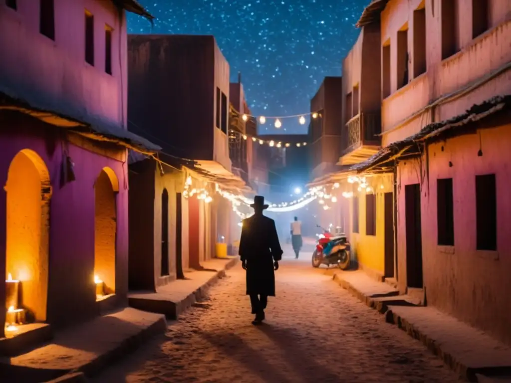 Un callejón oscuro en Ouagadougou, con la silueta de un misterioso hechicero rodeado de velas y humo de incienso