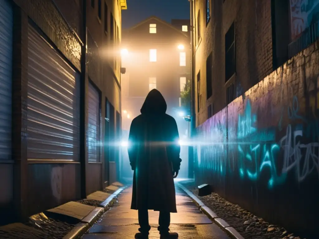 En un callejón sombrío de la ciudad, una figura con capucha se comunica con un espíritu, rodeados por una atmósfera misteriosa