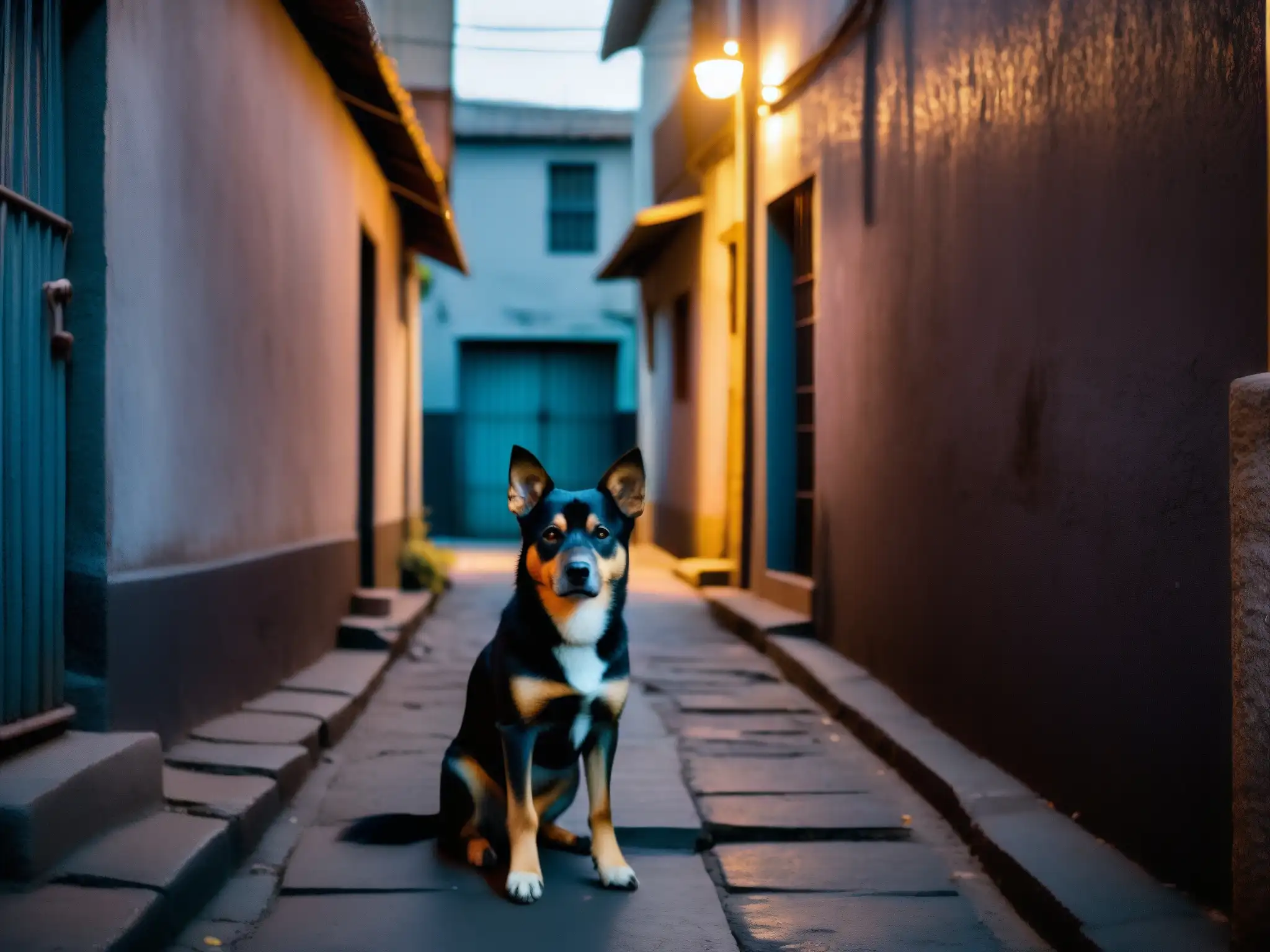 Un callejón sombrío en una ciudad de Centroamérica, con un perro callejero que emana misterio y protección, evocando al Cadejo protector o predador