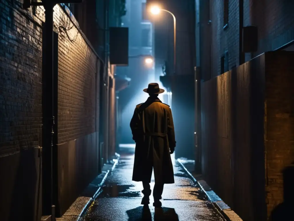 Un callejón sombrío en la ciudad con la silueta de un misterioso hombre sin rostro