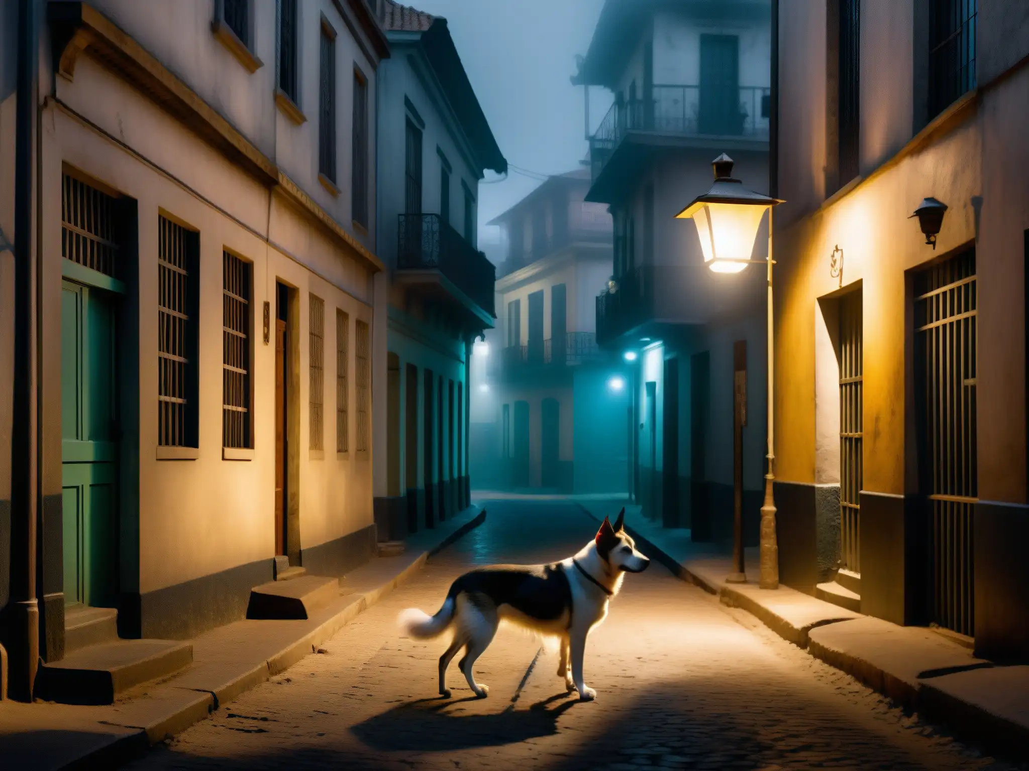 Un callejón sombrío en una ciudad sudamericana, envuelto en niebla con un perro callejero de ojos brillantes