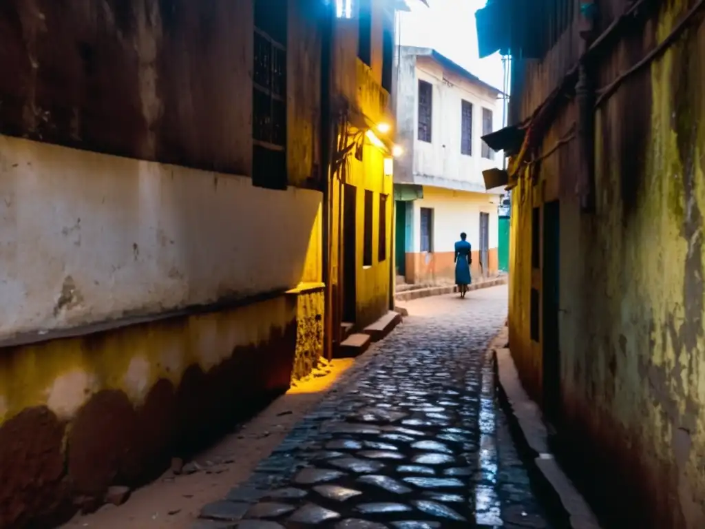 Un callejón sombrío en Conakry, Guinea, con figuras fantasmales y sombras misteriosas