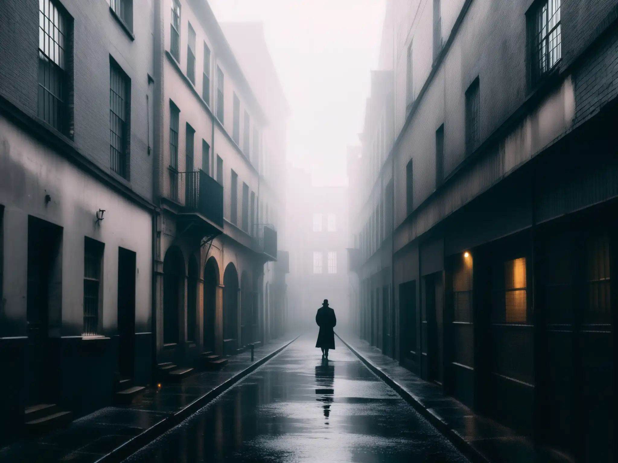 Un callejón sombrío y desolado, envuelto en neblina, muestra la silueta de una figura solitaria