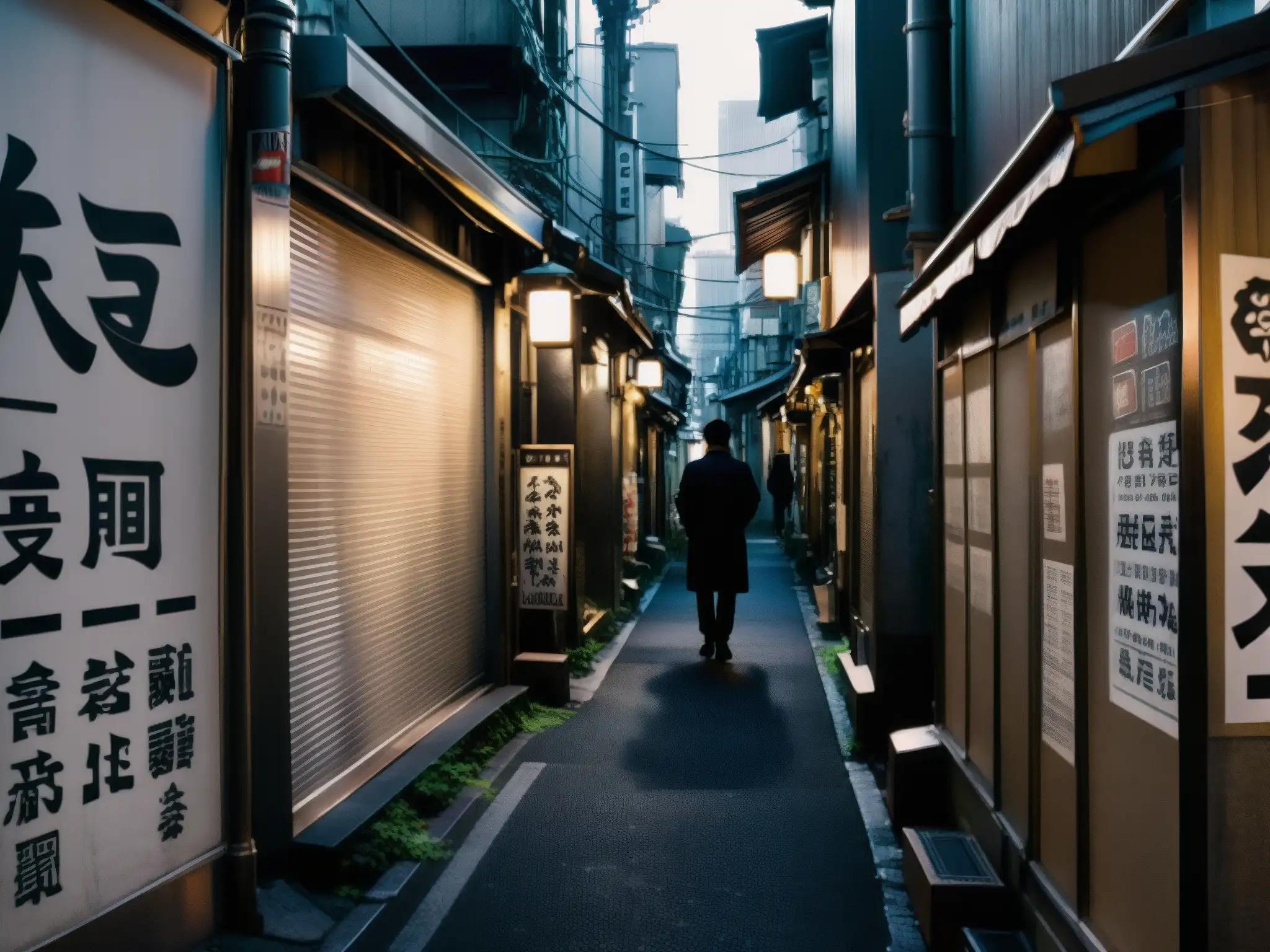 Un callejón sombrío de Tokio con edificios antiguos y figuras misteriosas, evocando leyendas urbanas japonesas y foros online