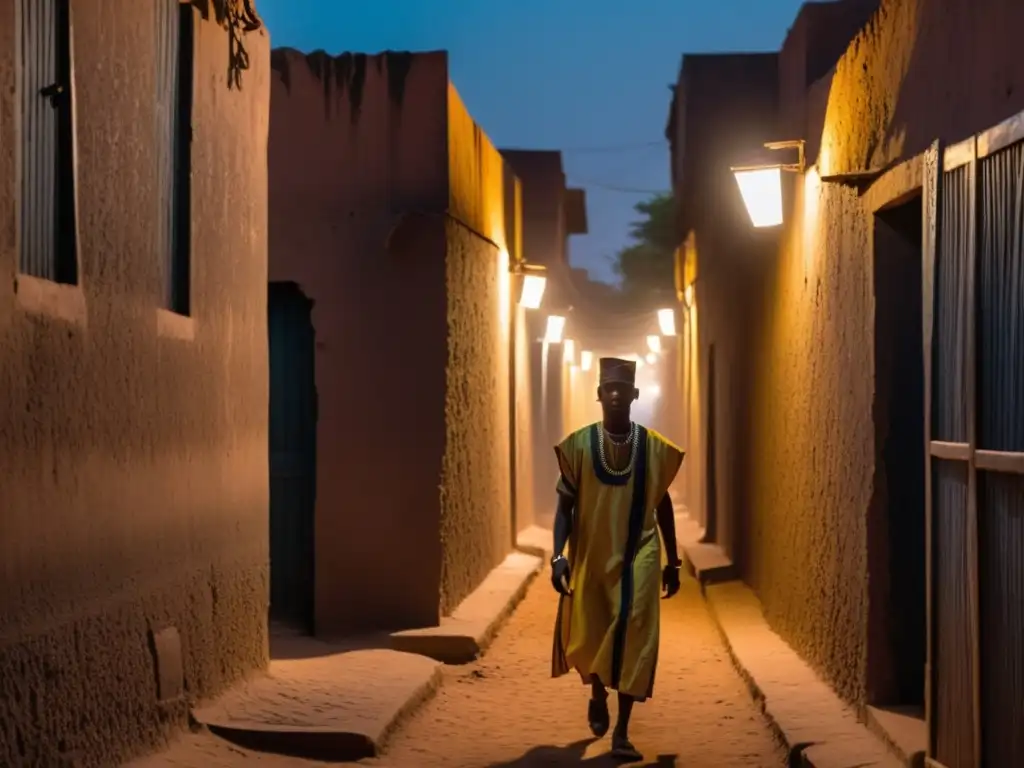 Un callejón sombrío en Ouagadougou, con una figura misteriosa en ropa tradicional africana, rodeada de una atmósfera sobrenatural