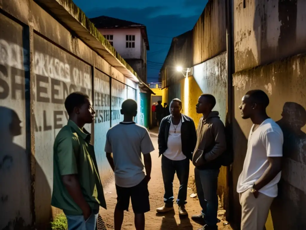 Un callejón sombrío en Freetown, con paredes graffiteadas y luces parpadeantes que proyectan largas sombras