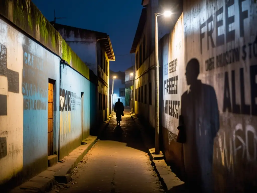 Un callejón sombrío en Freetown, con paredes llenas de grafitis y sombras misteriosas