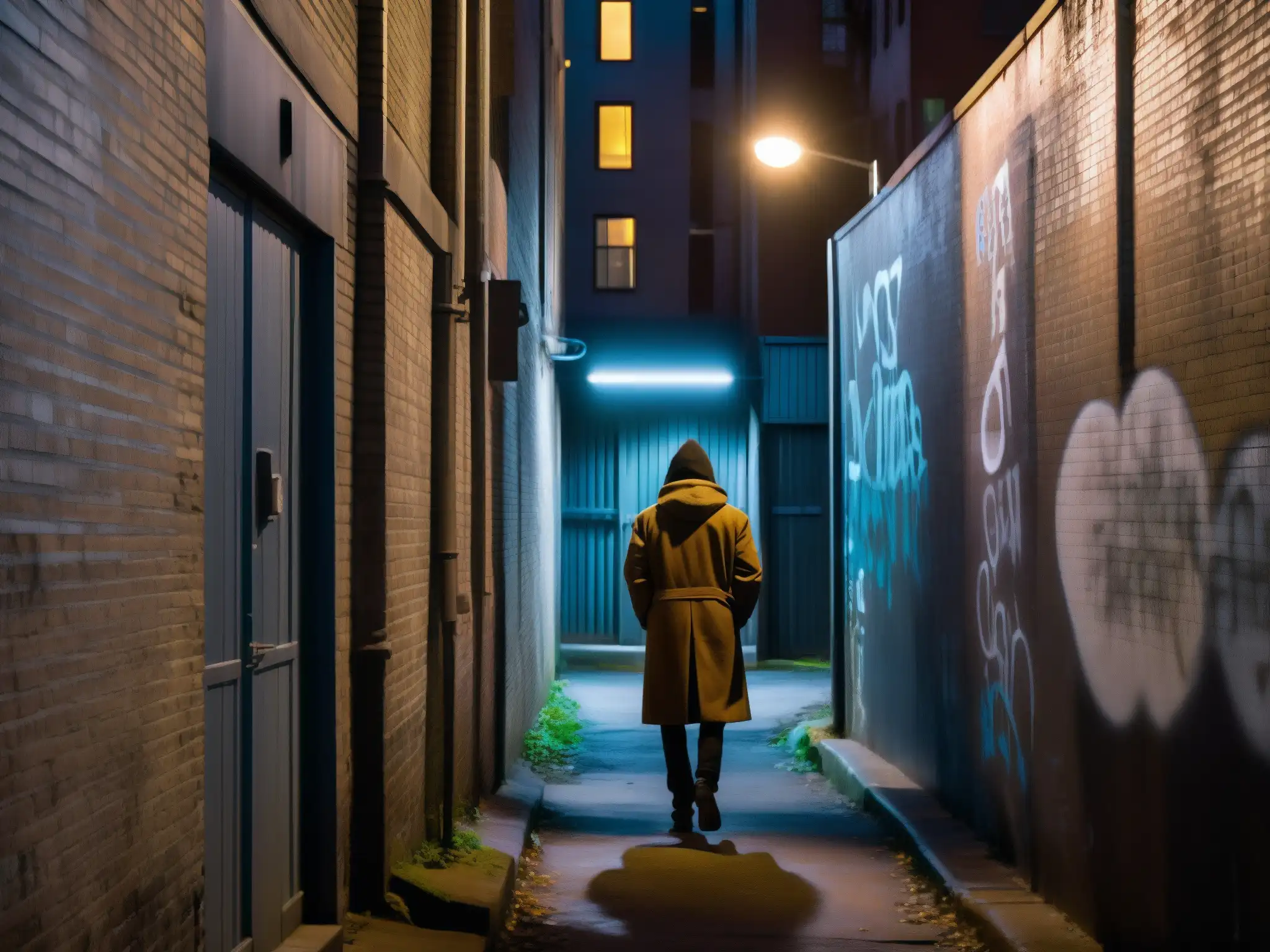 Un callejón sombrío con grafitis y luces tenues, evocando misterio y transformación de la experiencia urbana