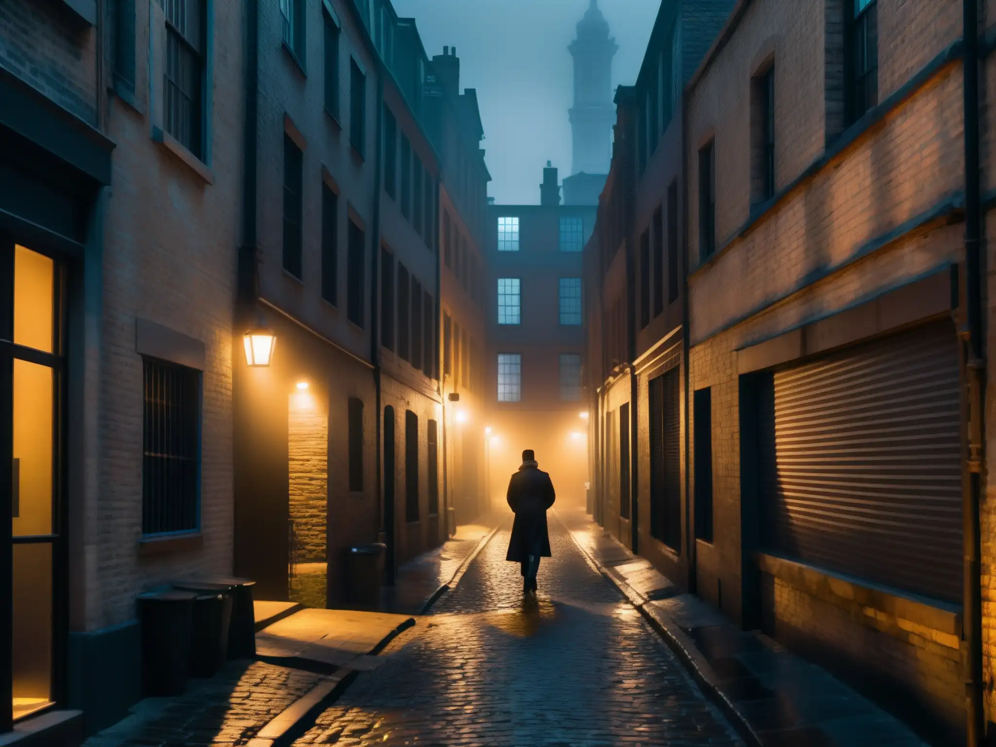 Un callejón sombrío y misterioso en la ciudad, envuelto en neblina y con un personaje solitario