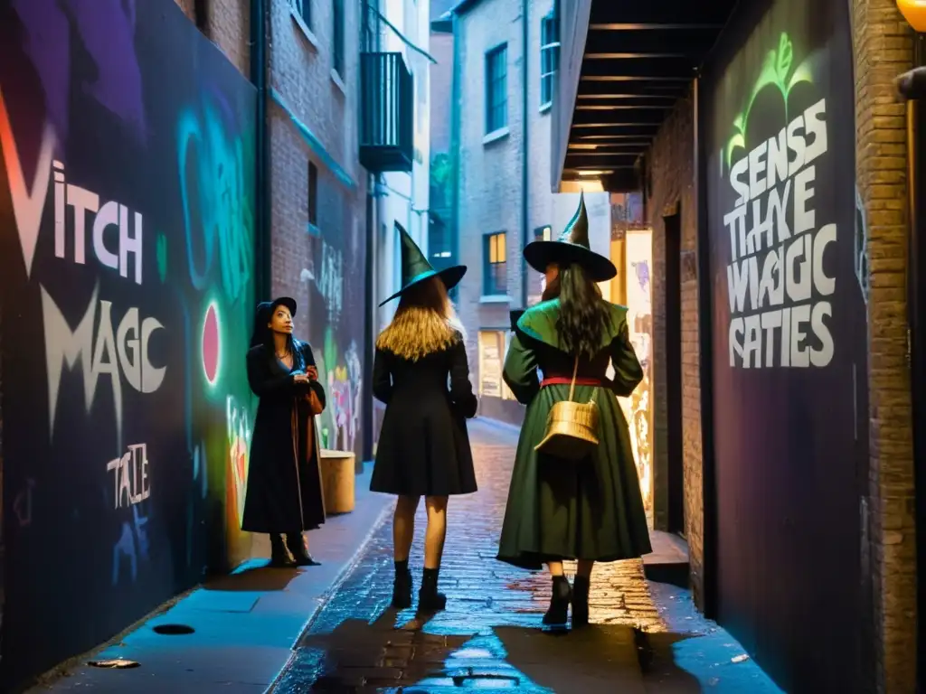 Un callejón sombrío y misterioso en la ciudad, con grafitis urbanos y una bruja contando leyendas antiguas