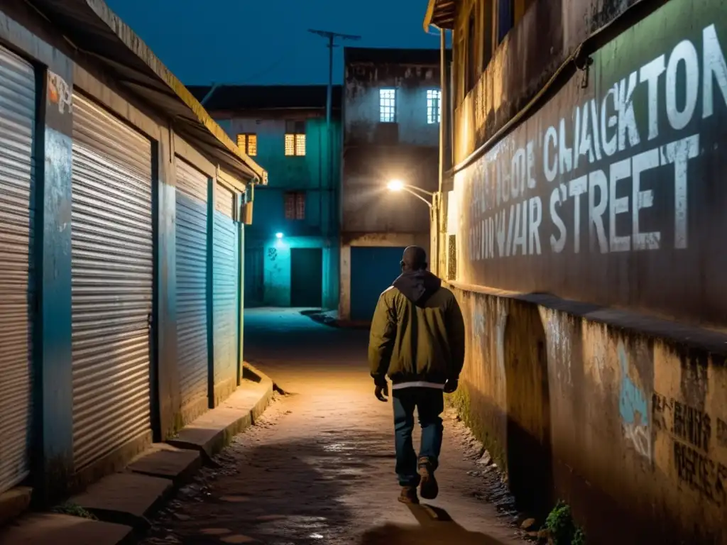 Un callejón sombrío y misterioso en Freetown, con grafitis y luces titilantes que proyectan largas sombras